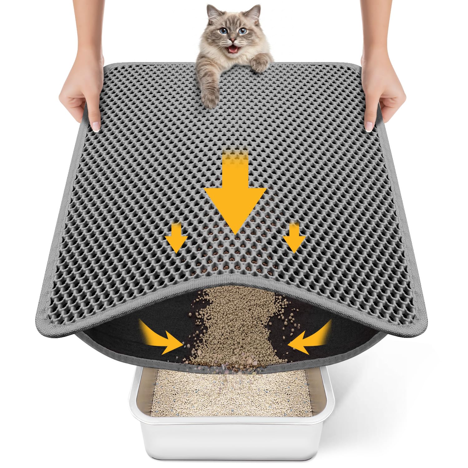 Cat Litter Mat-Litter Box Mat for Kitty, EVA Honeycomb Double Layer Design, Urine & Waterproof Scatter Control, Less Waste, Easier To Clean,Non Slip, Gray