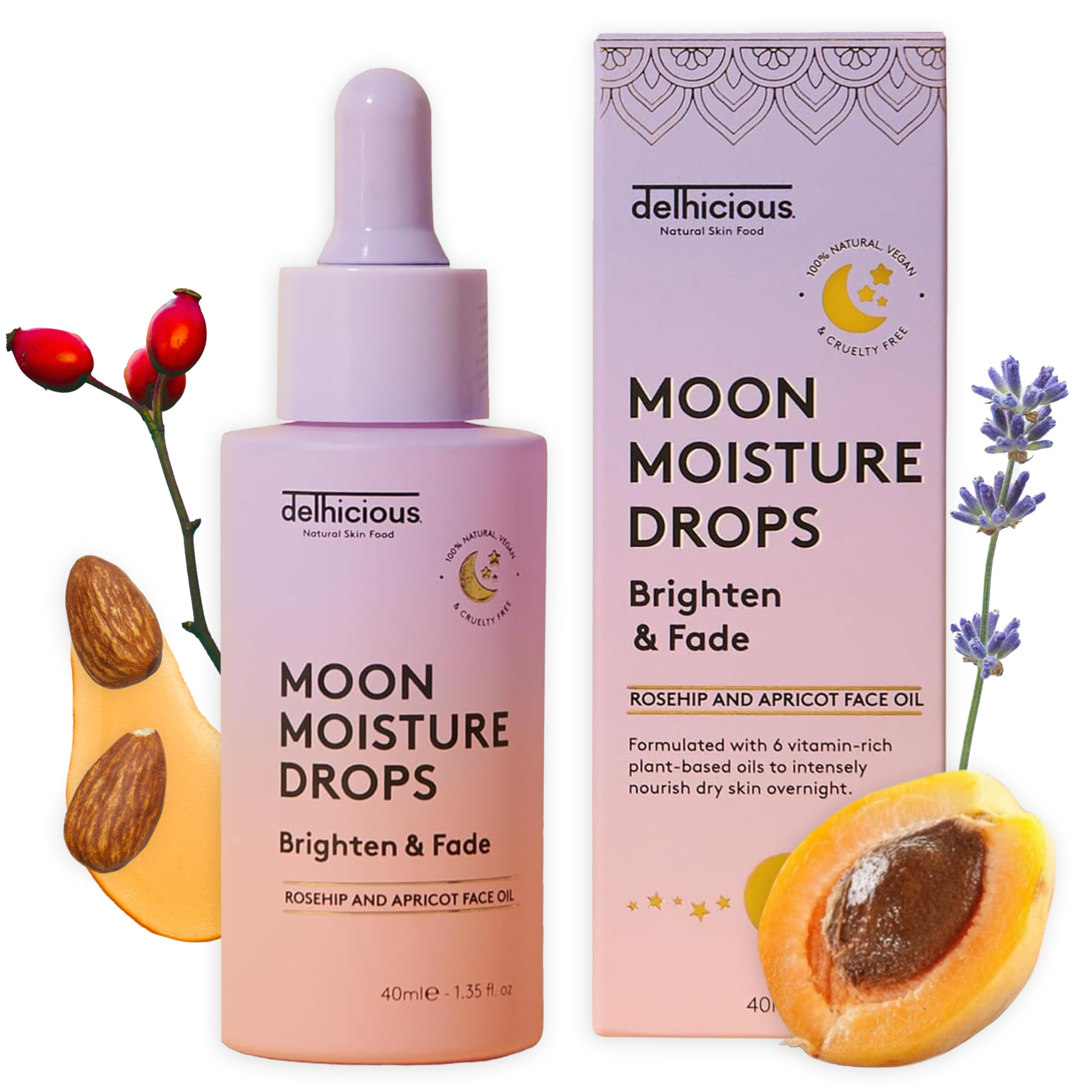 Delhicious Anti-Ageing Overnight Face Oil Drops - Hydrating Face Serum & Scar Treatment - Nourishing & Brightening - Moon Moisture Face Drops - Apricot & Rosehip Oil - Natural, Vegan, Ayurveda - 40ml