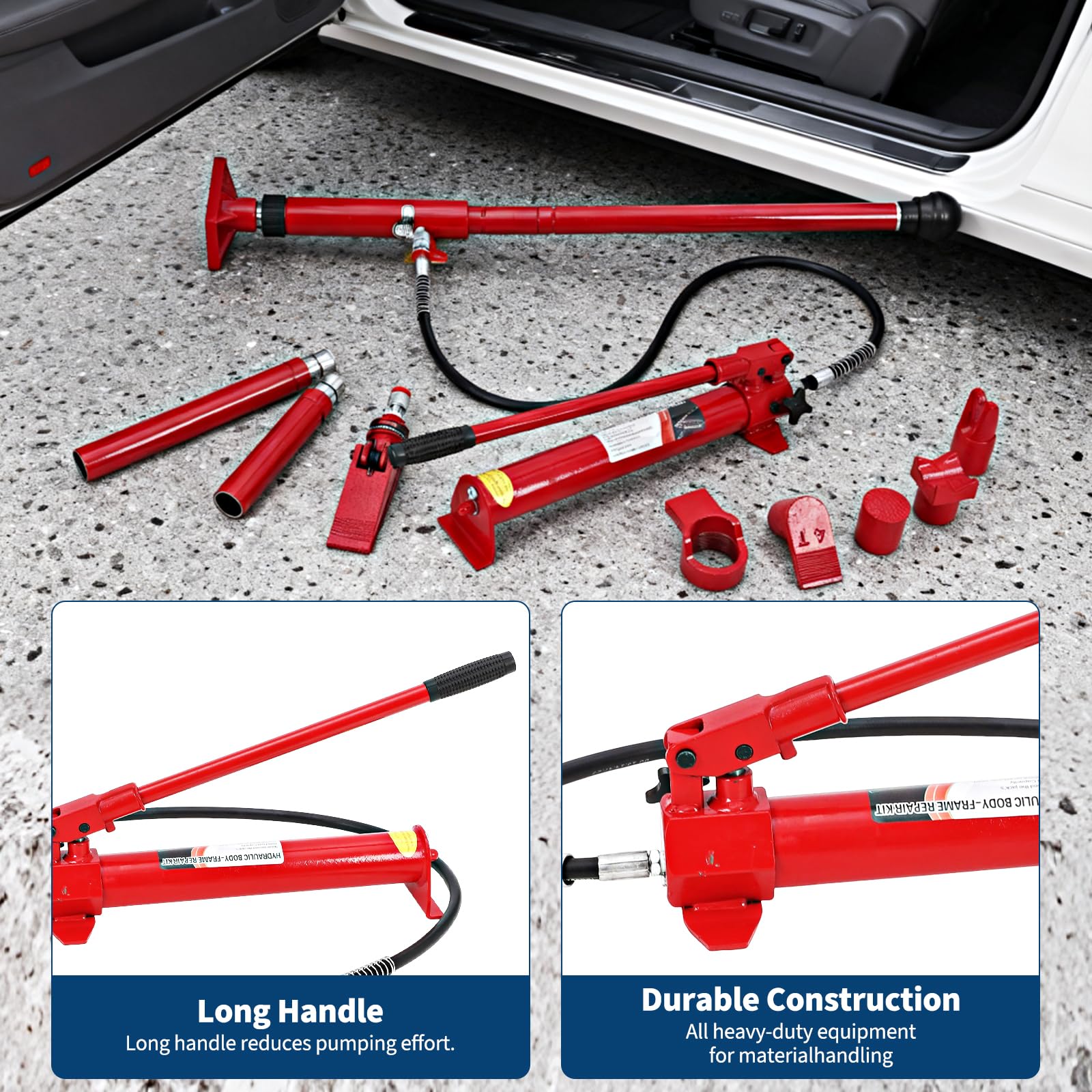 Kit Porta Power Idraulico Professionale - Per Officina, Carrozzeria e Garage Veicoli - Martinetto 10 Tonnellate, Tubo Olio 1,4m, Ram 10T, Attrezzatura Pesante e Riparazione Telaio Auto -
