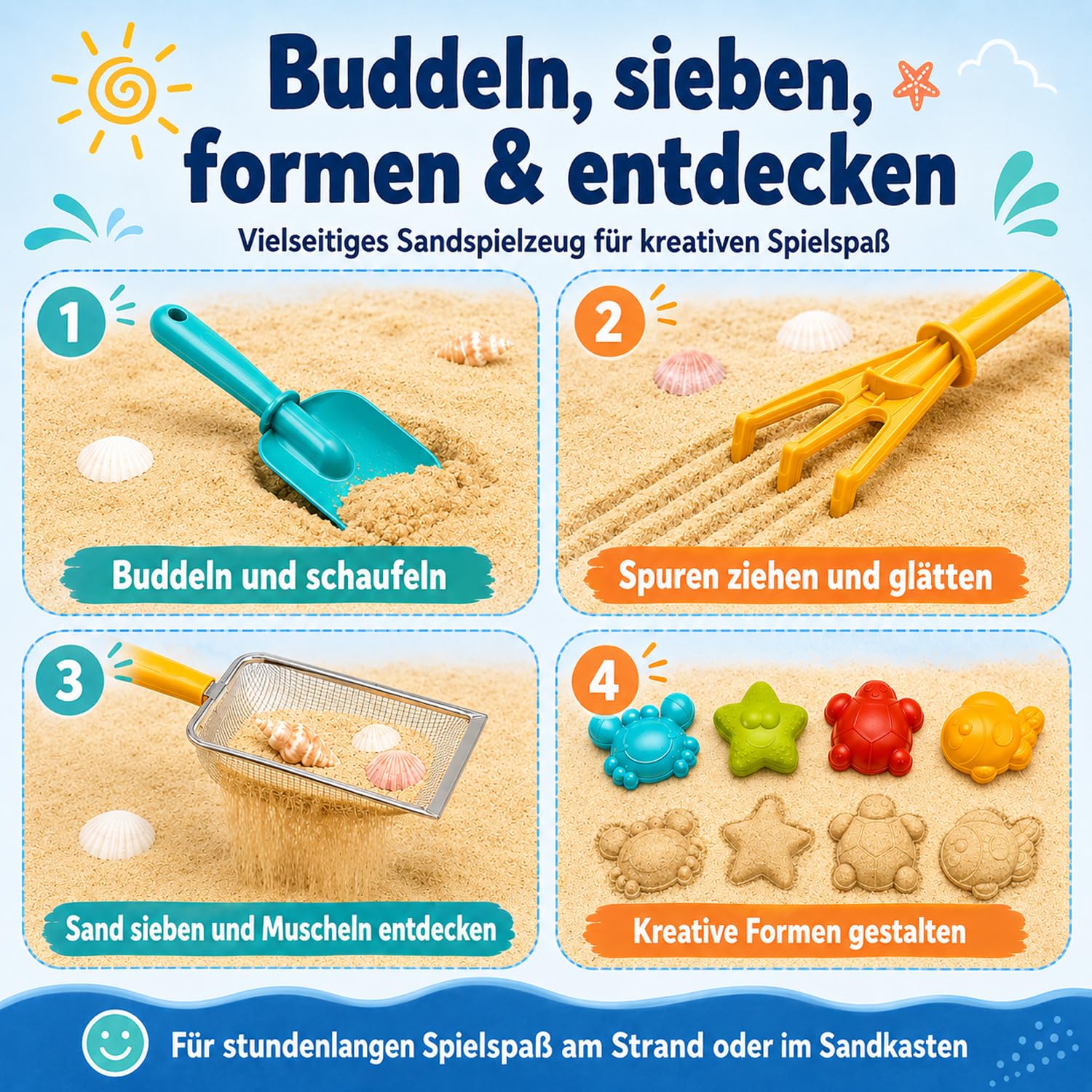 Sandspielzeug Set Kinder 14-teilig, Strandspielzeug mit 2 faltbaren Eimern, Schaufeln, Rechen, Sandsieben, Netzbeuteln & Sandformen, Sandkastenspielzeug für Strand Urlaub ab 3 Jahren