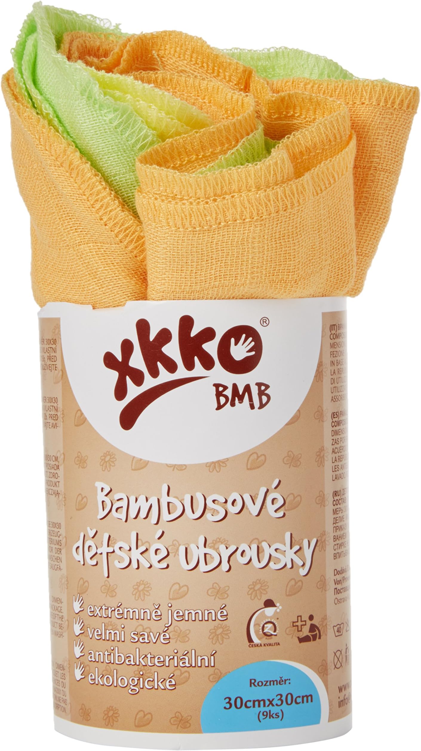 XKKO XKMBS-MX – Pack 9 Bamboo Muslin Squares 30 x 30 cm, 13 g/Unit) Colours Orange, Yellow and Green