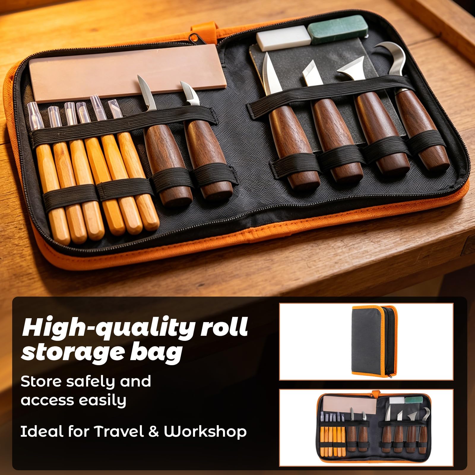 HA BIN Kit Tallado Madera 30 Piezas, Gubias y Cuchillos para Tallar Madera con Piedra de Afilar, Cuero, Guantes y Bolsa – Juego de Herramientas para Principiantes Adultos
