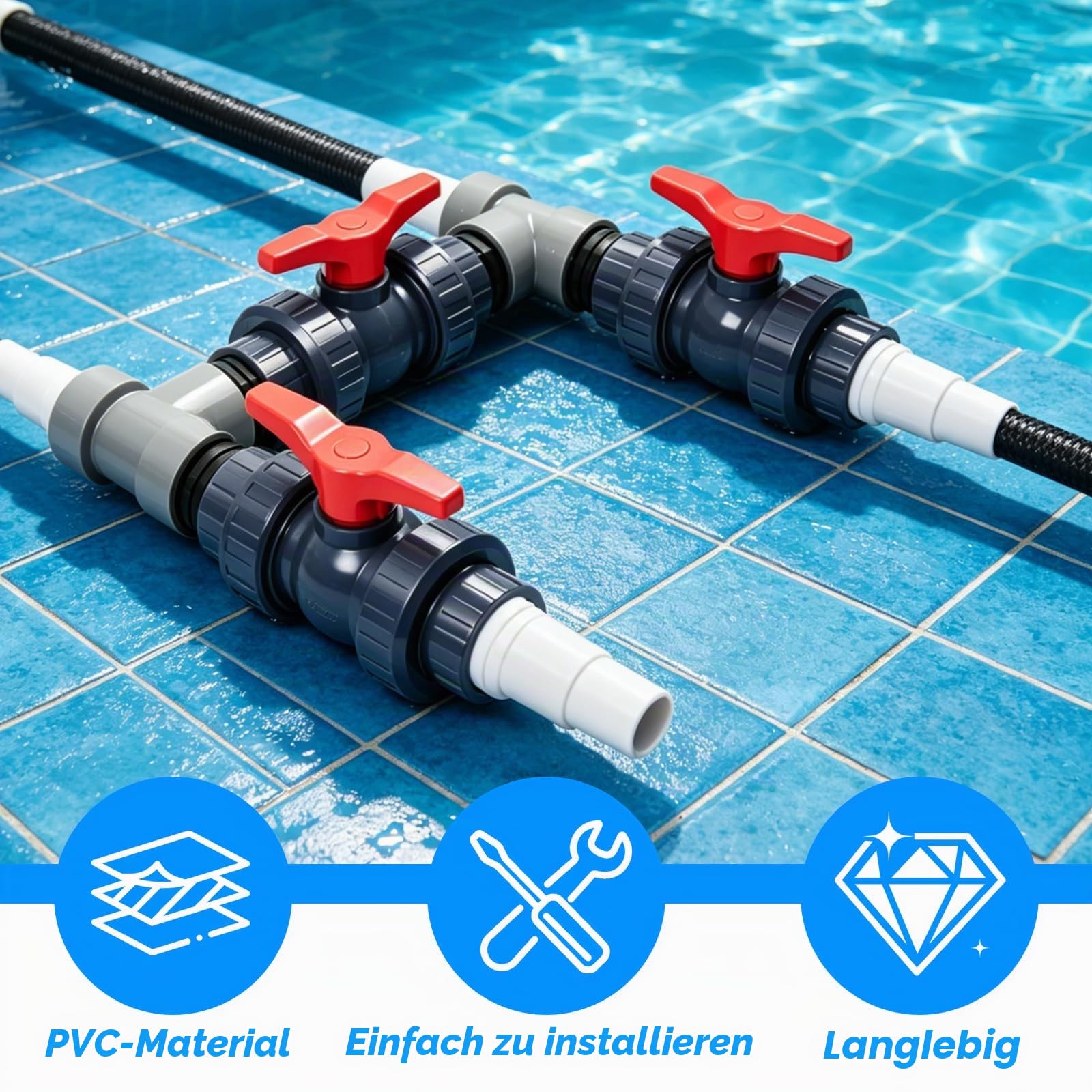 Bypass Pool Set 50mm für Wärmepumpe, Pool Bypass Set mit 32mm & 38mm Schläuchen, 3 Kugelhähne, T-Stücke & Edelstahlklemmen – Optimiert Wasserfluss für Solarheizung