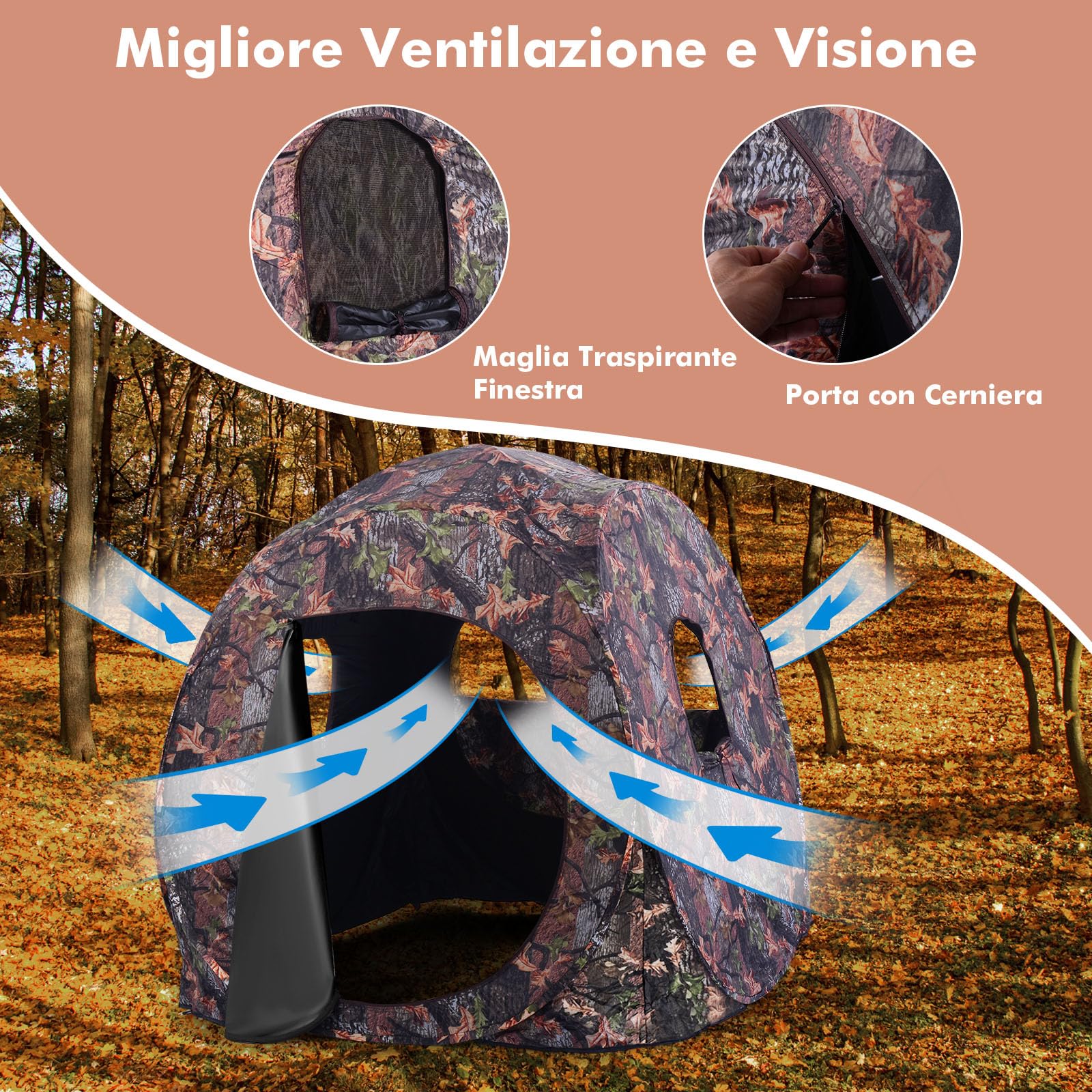 GYMAX Tenda da Caccia Mimetica, Palo da Caccia Pop-Up Portatile, con Finestra a Rete, Picchetti per il Terreno, Borsa per il Trasporto, Facile da Montare per Campeggio a Caccia di Cervi/Tacchini