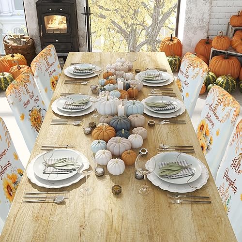 Vista 6 de Preboun Juego de 6 fundas para sillas de otoño, para Acción de Gracias, elásticas, extraíbles y lavables, diseño de calabaza, girasol, hojas