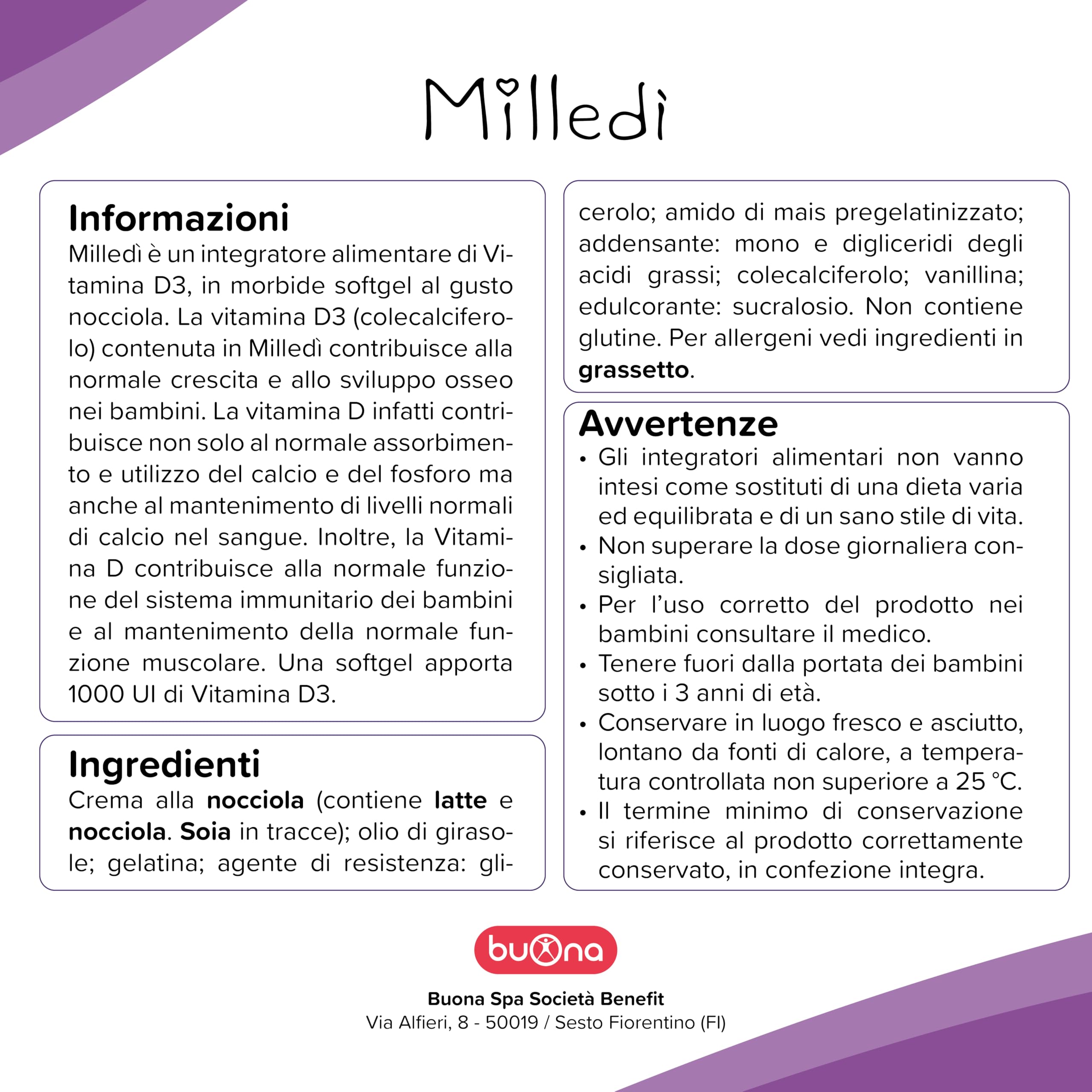 Steve Jones Buona - Milledì Integratore Alimentare, 30 Softgel Buona Milledì Integratore Vitamina D3 Bambini, 30 Softgel Masticabili Gusto Nocciola, Integratori Difese Immunitarie Bambini