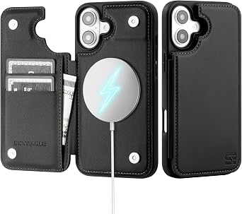 SkyEagle Compatible with Magsafe for iPhone 16 Plus Wallet Case with Card Holder,Women Men Phone Case PU Leather Kickstand Flip Protective Shockproof Cover Credit Card Slots for Apple 16 Plus,Black