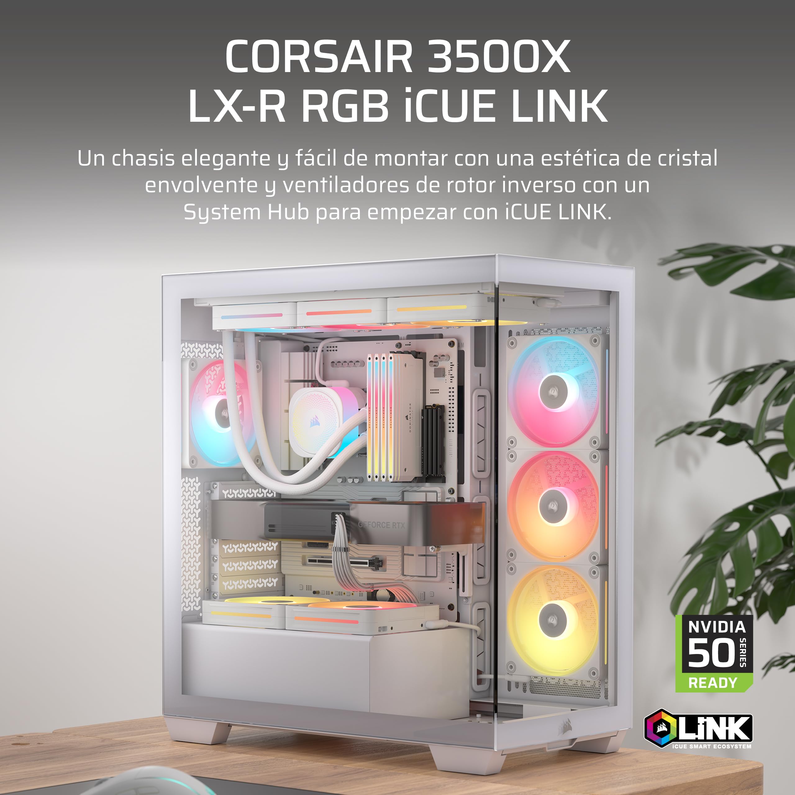 CORSAIR 3500X LX-R RGB iCUE Link Caja de PC Semitorre con Panel de Cristal Panorámico – Incluye 3X LX120-R RGB y iCUE Link System Hub, Puede Incluir hasta 10 Ventiladores de 120mm – Blanco