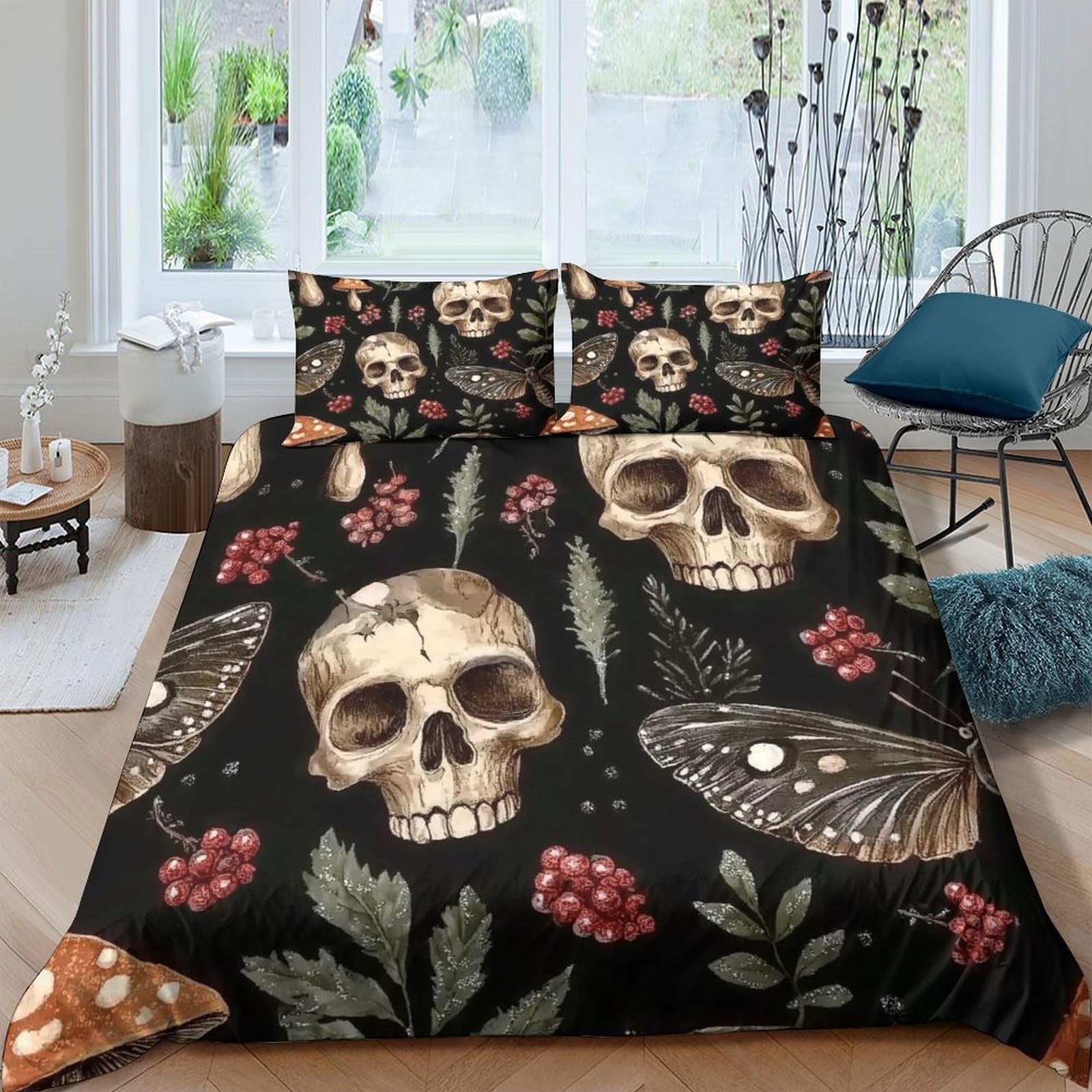 Ctjqhvkz Style-3 3D Printed Skull Floral Fitted Sheet Microfiber Soft Black Gothic Moth Mattress Cover For Bedroom Guest Room Decor Single（135X200cm）