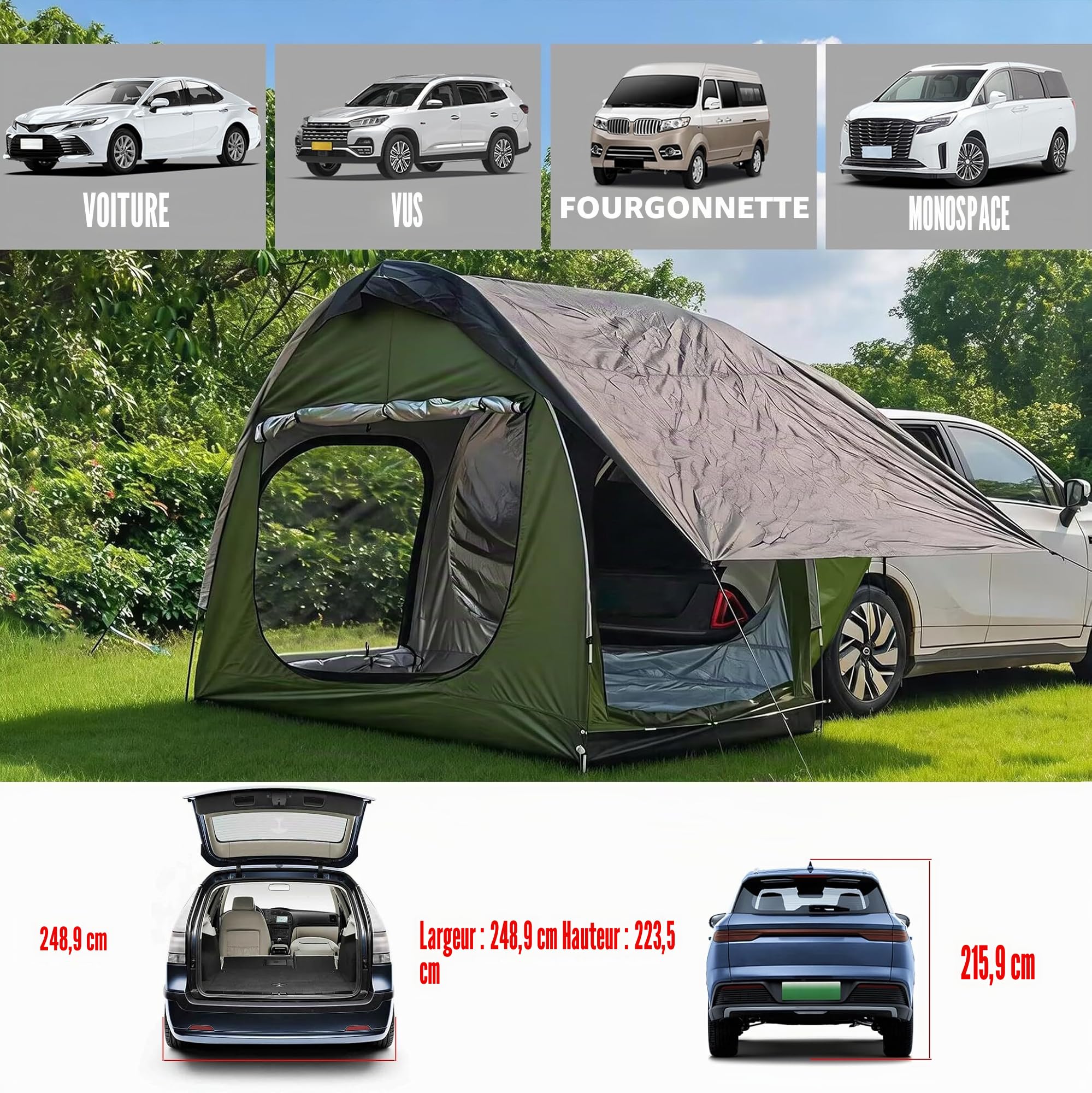 Tente D'auvent de Voitures, 300cm*150cm*210cm Tente de hayon Voiture Peut accueillir 2-3 Personnes Tente de hayon de Voiture Tente Hayon Voitures de étanche de Protection Solaire (Verde)