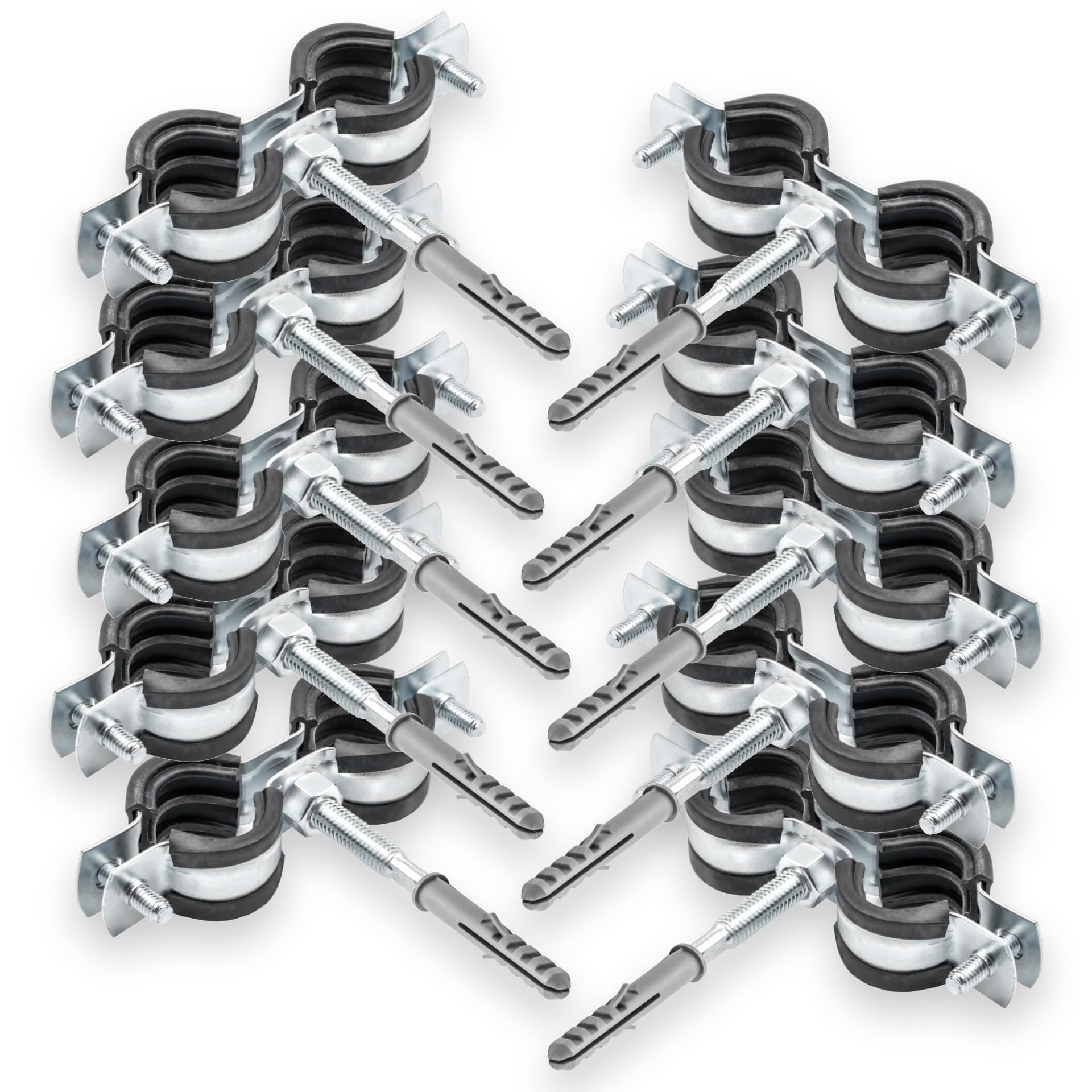 Set 10x Collari Doppi per Tubi + 10x Tasselli + 10x Viti a Legno – Kit di Fissaggio Tubo Facile | Per Installazioni Idrauliche e Riscaldamento – 3/4" 25-31mm