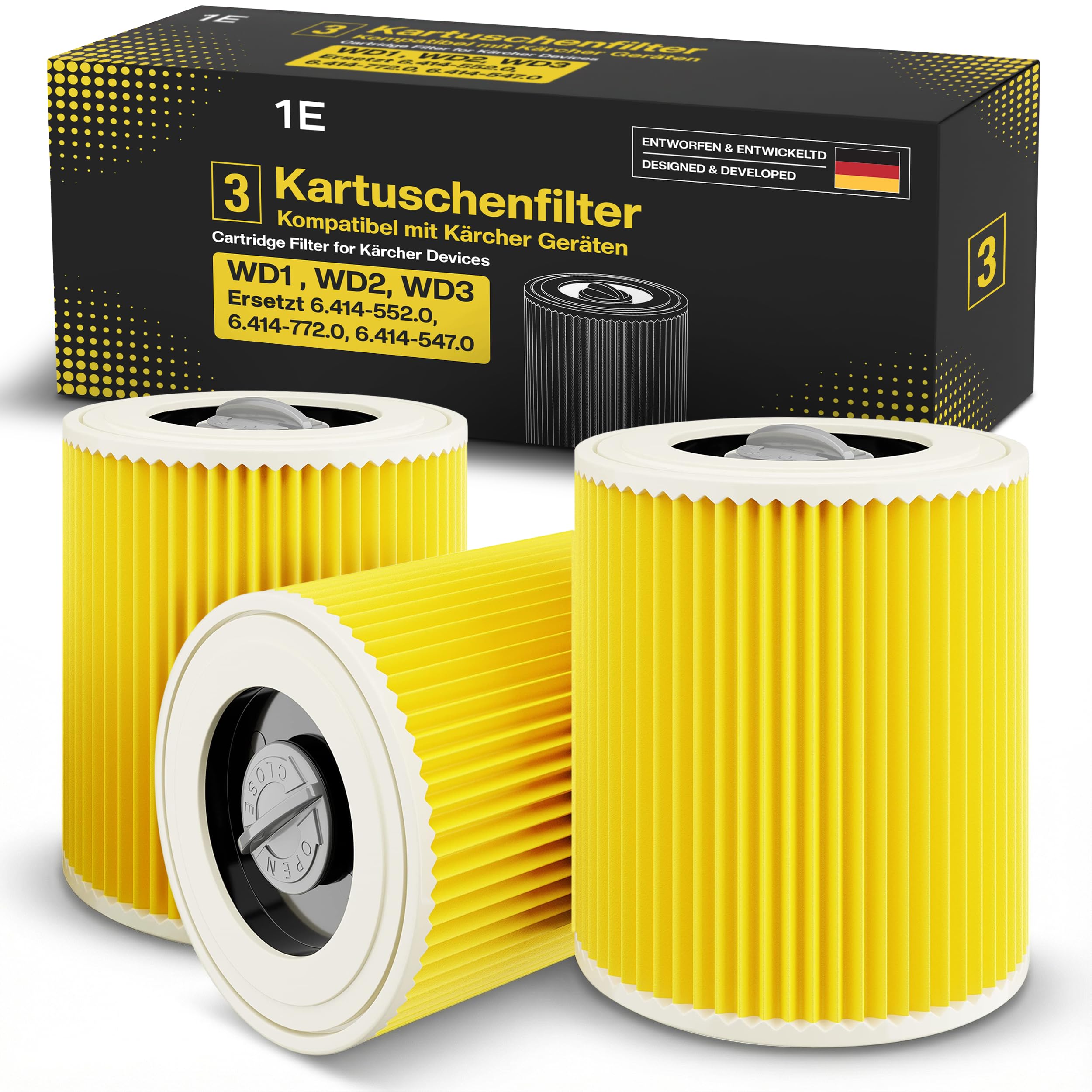 3 Filter für Kärcher Staubsauger [WD3, WD2, WD1, MV3, MV2, A, K, KNT, NT, SE, VC] – ersetzt 6.414-552.0 – 3 Rundfilter + 3 Verschluss-Schrauben für Allergiker gegen Feinstaub & Gerüche