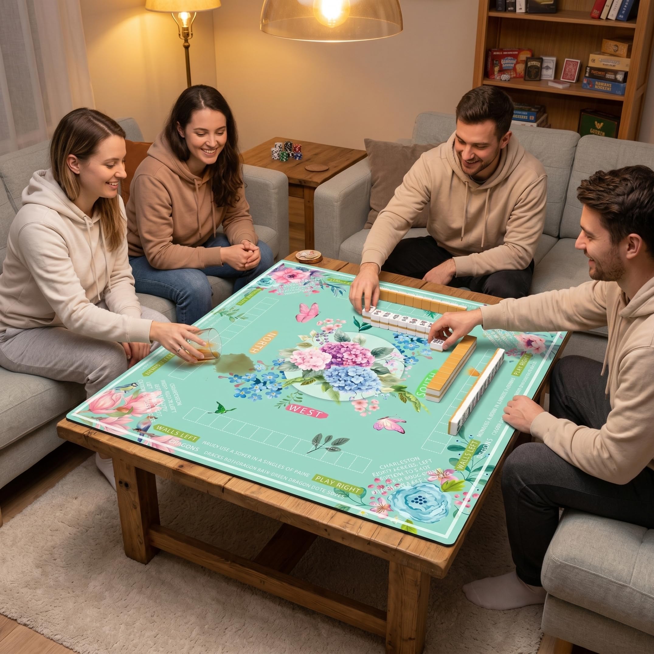 Mahjong-Matte für Tisch, geräuschreduzierende und Faltbare Mah-Jongg-Matte, quadratische Mah-Jongg-Matten mit Blumenmuster, grün, 31, 5 x 31, 5 Zoll
