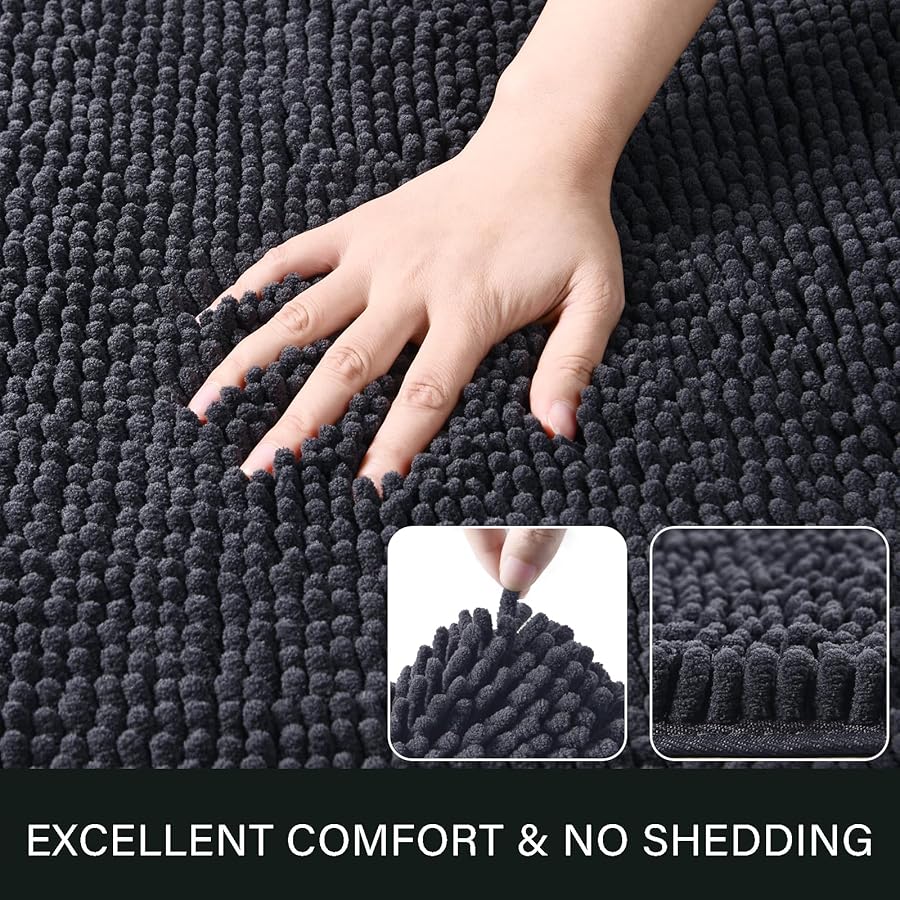 LOCHAS Luxury Bathroom Rug Shaggy Bath Mat 24 x 17 Inch, Washable Non Slip Bath Rugs for Bathroom Shower, Soft Plush Chenille Absorbent Carpets Mats, Dark Grey - image 3
