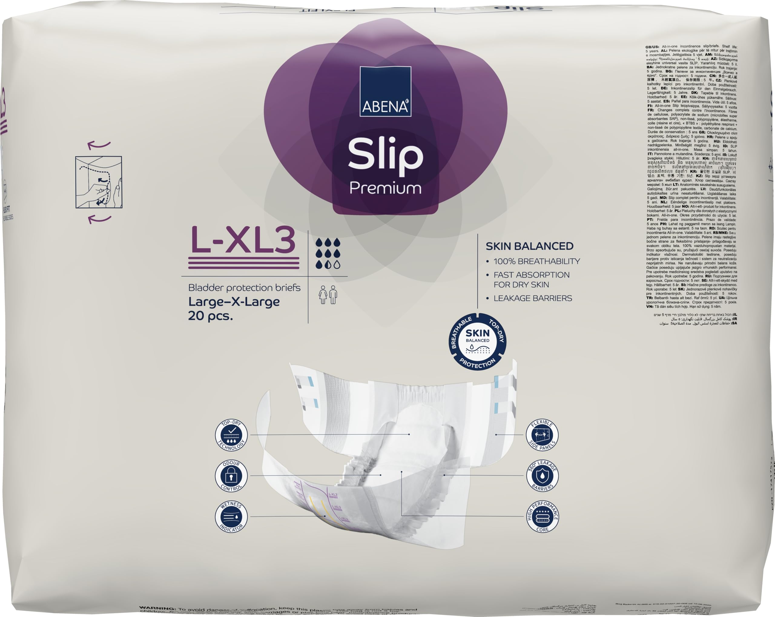 Abena Slipy Slip Flexi-Fit Premium dla osób nietrzymających moczu, poziom 3 (średnie do bardzo duże), L/XL, 20 sztuk