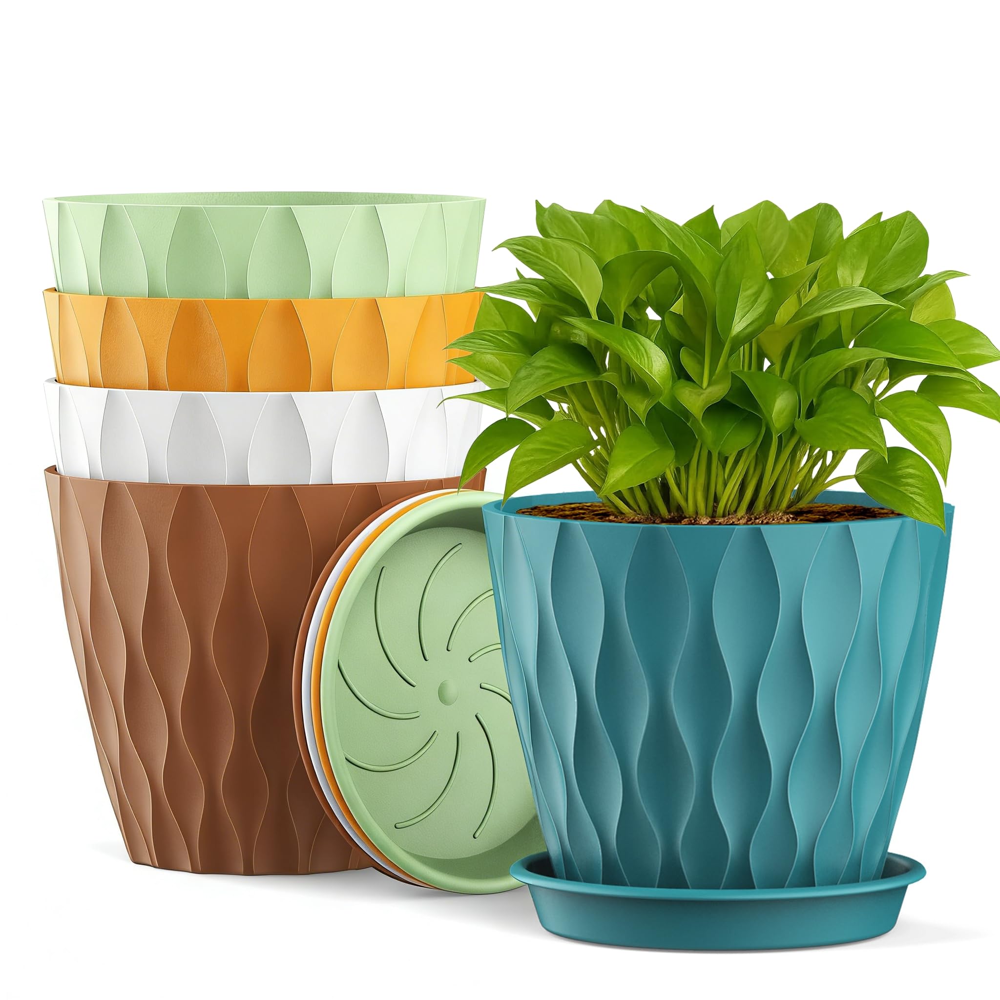 JMGRTYT Plant Pots, 5 Pack Plastic Flower Pots with Drainage Holes and Saucers, Indoor Outdoor Planters for Succulent Herbs Succulents All House