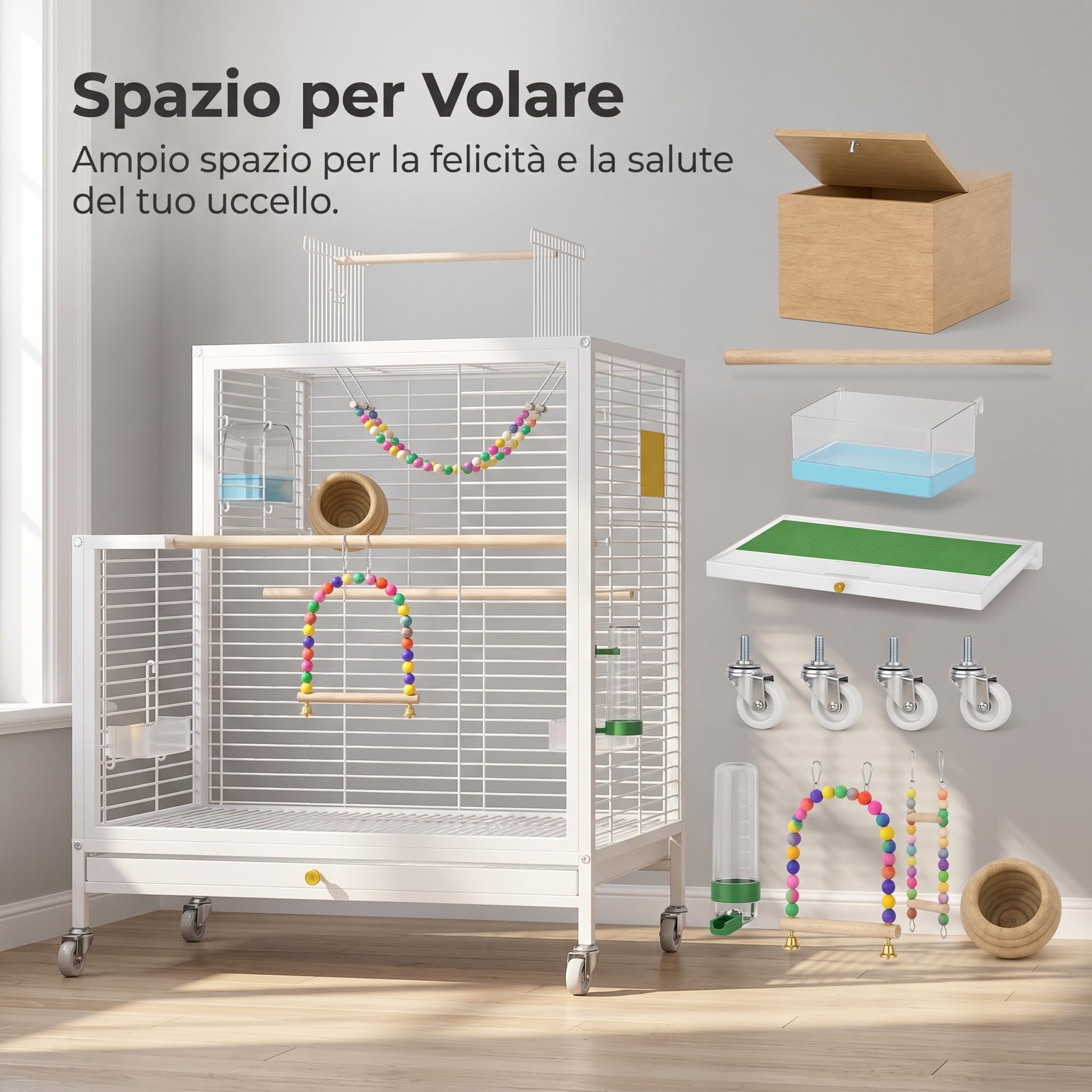 Gabbia per Uccelli e Voliera per Pappagalli, Gabbia per Canarini con Accessori, Design Anti-Spruzzo, in Metallo Resistente, Bianco, Lusso con scatola di allevamento abbinata, Bianco