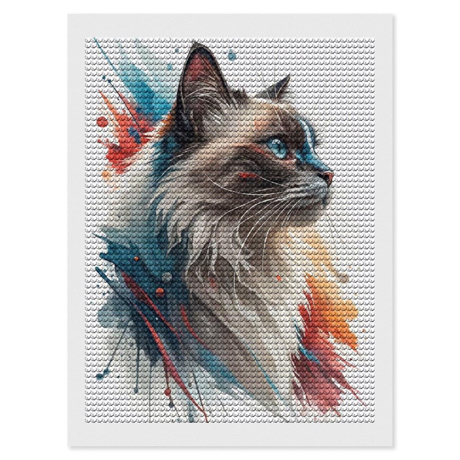 Junmoney Watercolor Cat Portrait with Blue Eyes DIY Diamond Art Canvas Kit 12"x16", Adhesive Canvas, Easy to Enjoy, Farmhouse Decor, Festive Craft Gift