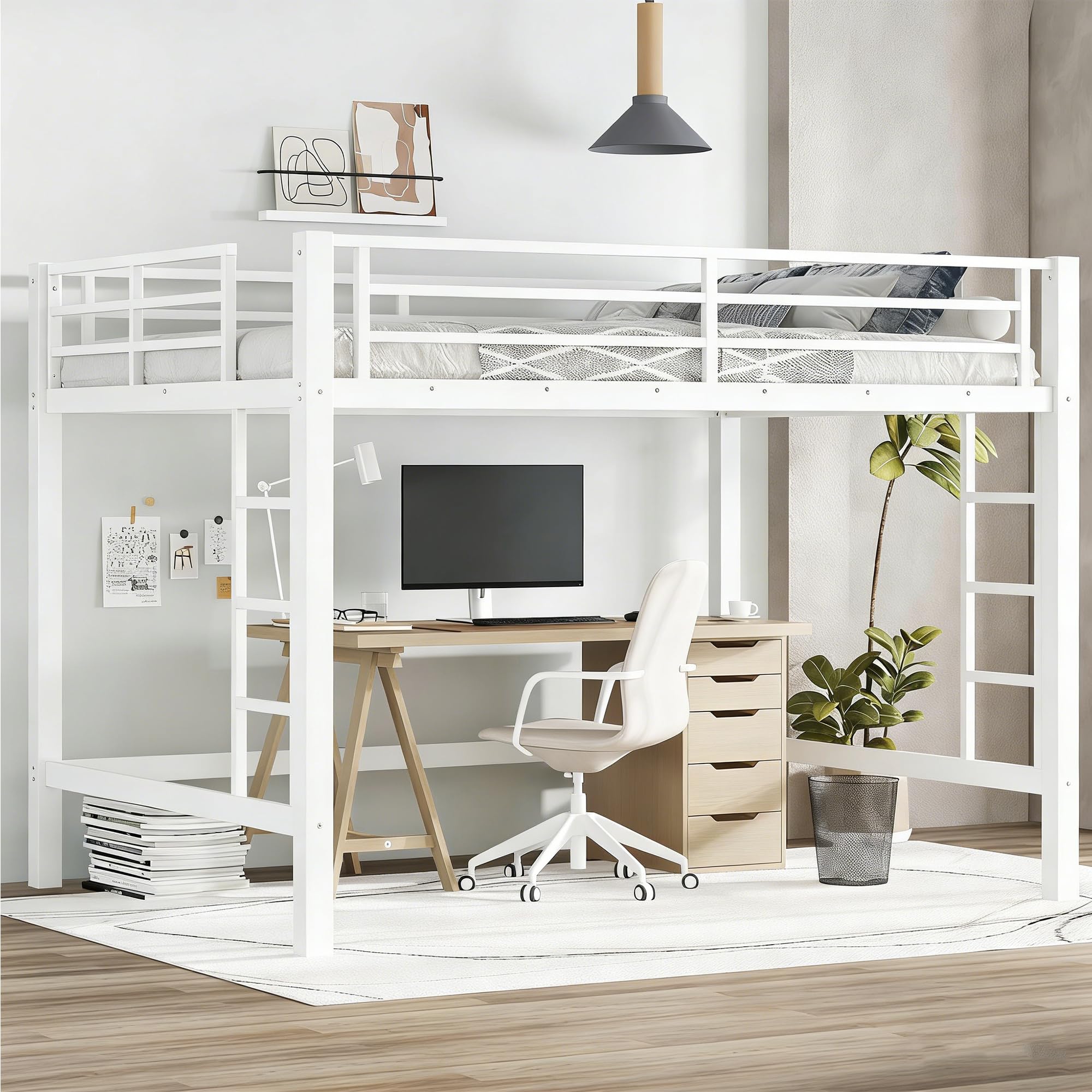 Metal Queen Size Loft Bed,Heavy Duty Loft Bed Frame Queen Size with 2 Ladders and Full Length Guardrails for Kids,Teens,Adults,Noise-Reducing,