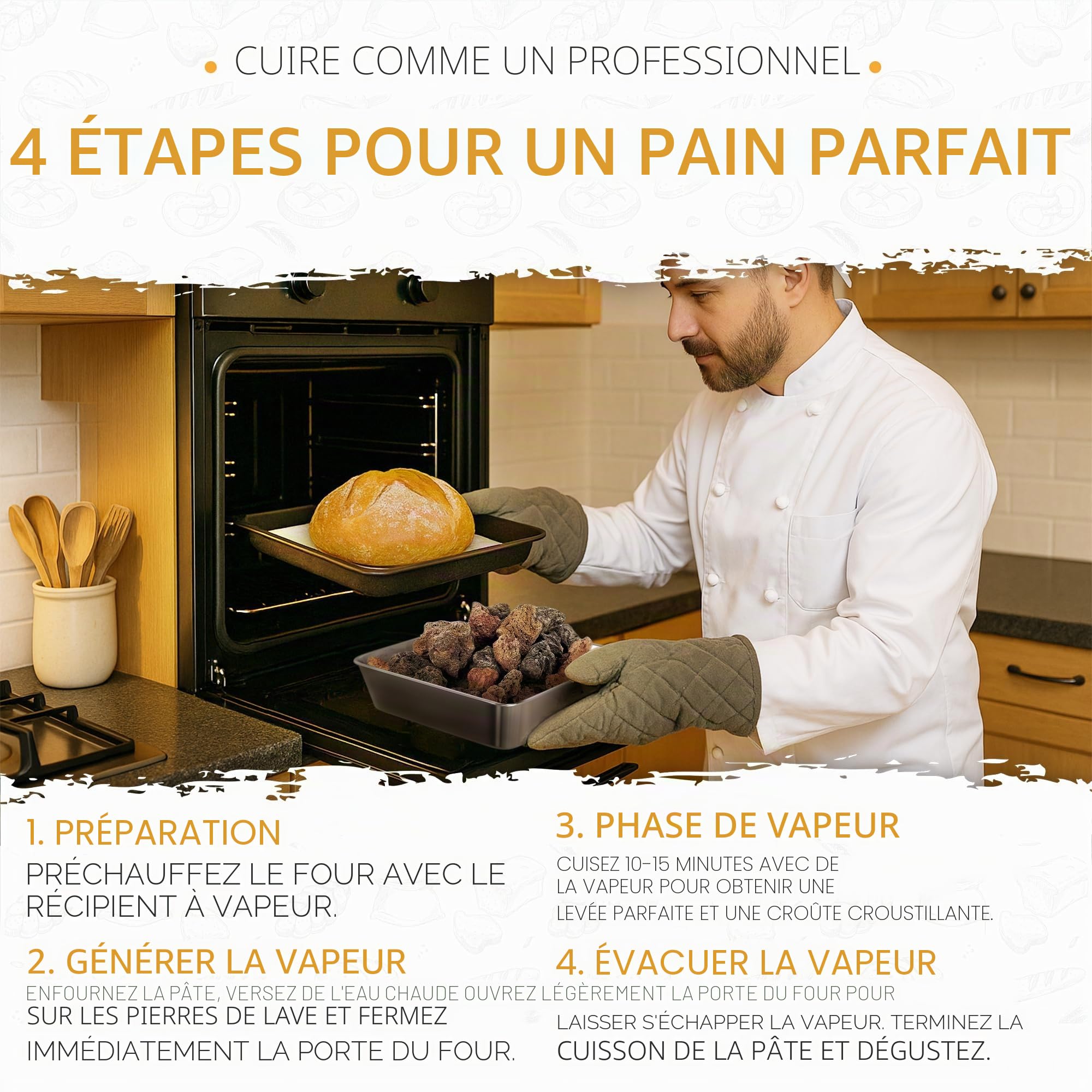KRUSTENZAUBER Four en pierre de lave pour la cuisson du pain avec bol vapeur en acier inoxydable pour une répartition optimale de la chaleur grâce à la vapeur d'eau naturelle, accessoires de cuisson
