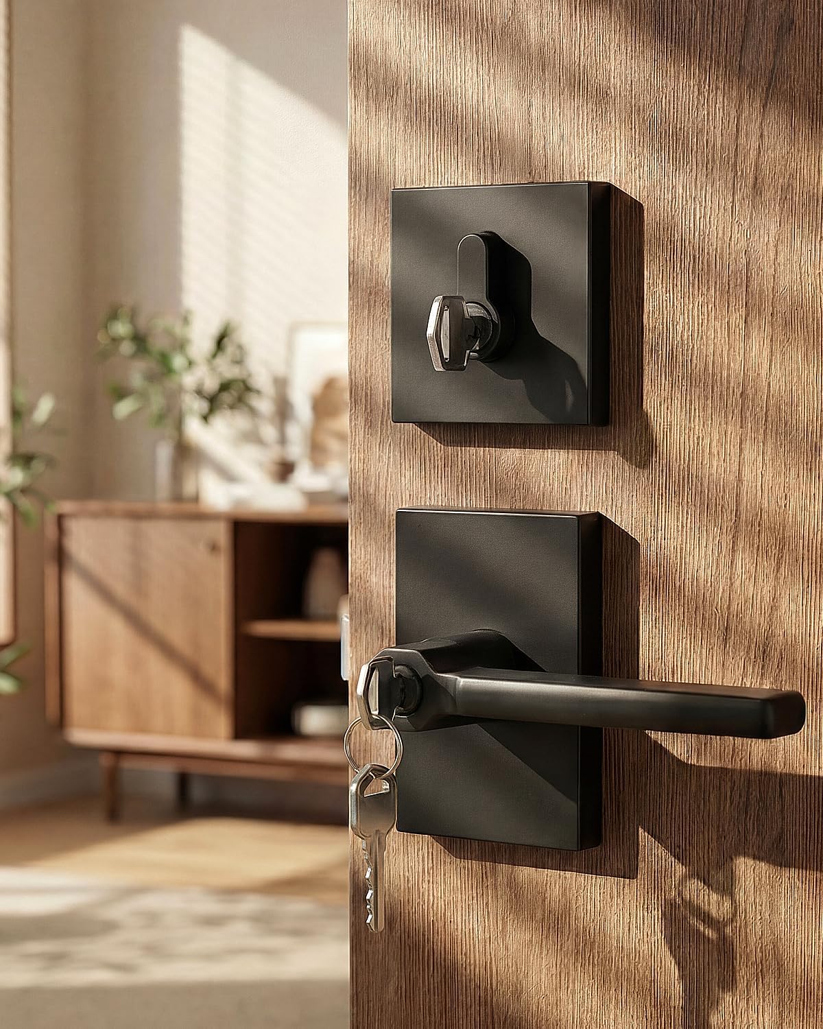 Goldenwarm Black Exterior Door Lock Set, Zinc-Alloy Matte Black Front Door Handle with Lock and Deadbolt, Heavy Duty Square Exterior Door Handle with Deadbolt - 1 Pack