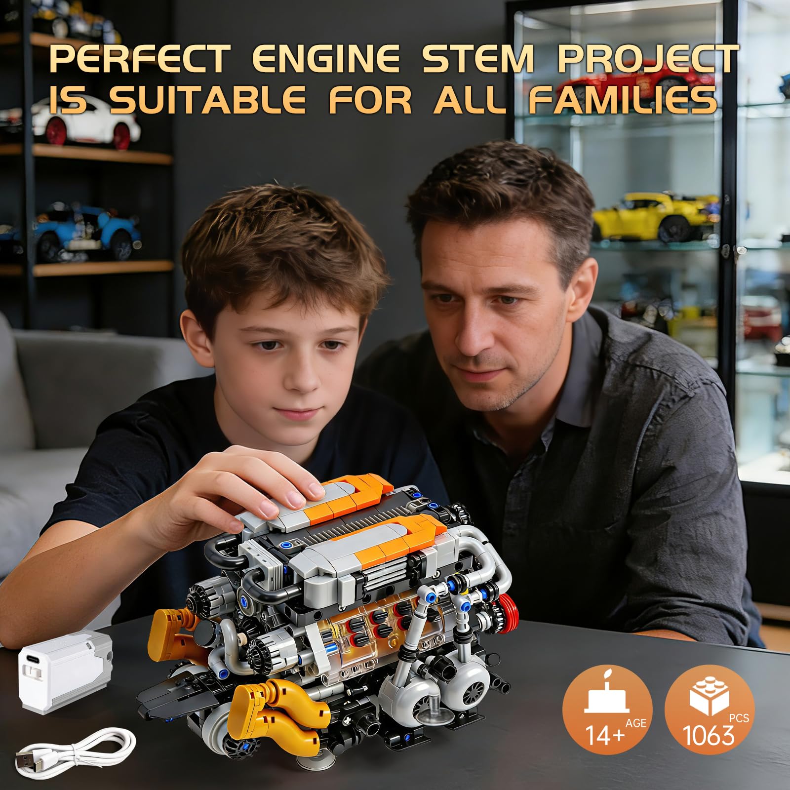 Technik V8 - Kit di costruzione per motore a morsetto, W16 visibile con 16 cilindri, motore ricaricabile, compatibile con Lego, per appassionati di auto e ragazzi dai 14 anni in su (1063 pezzi)