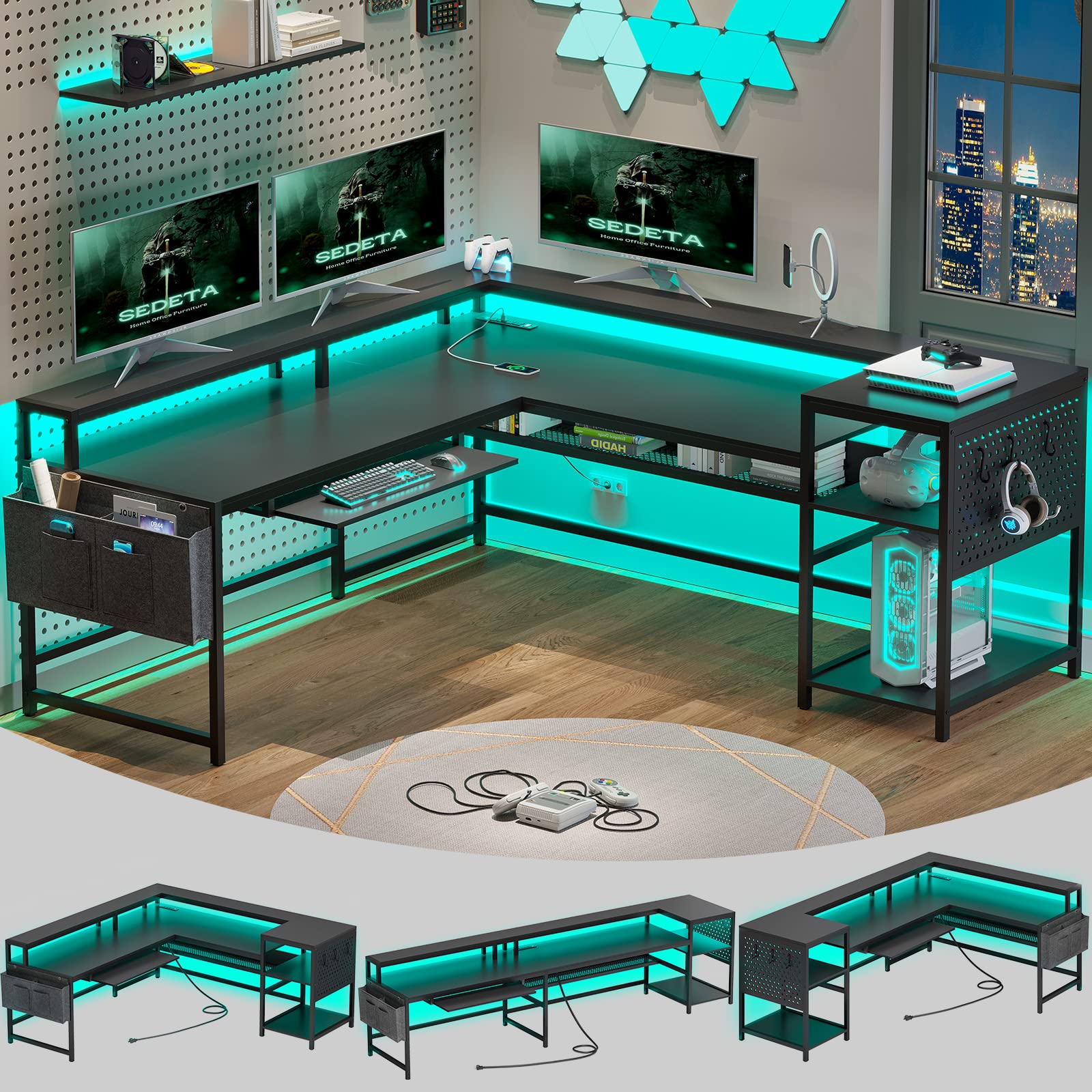 Buy SEDETA L Shaped Gaming Desk, Reversible Computer Desk, Gaming Desk with Power Outlets & LED