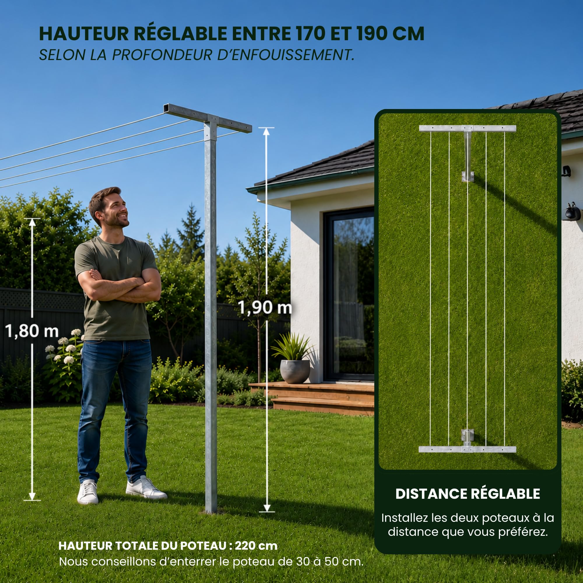 Andrys Étendoir à Linge d’Extérieur, Corde 20m, Poteaux Carrés (Vert)