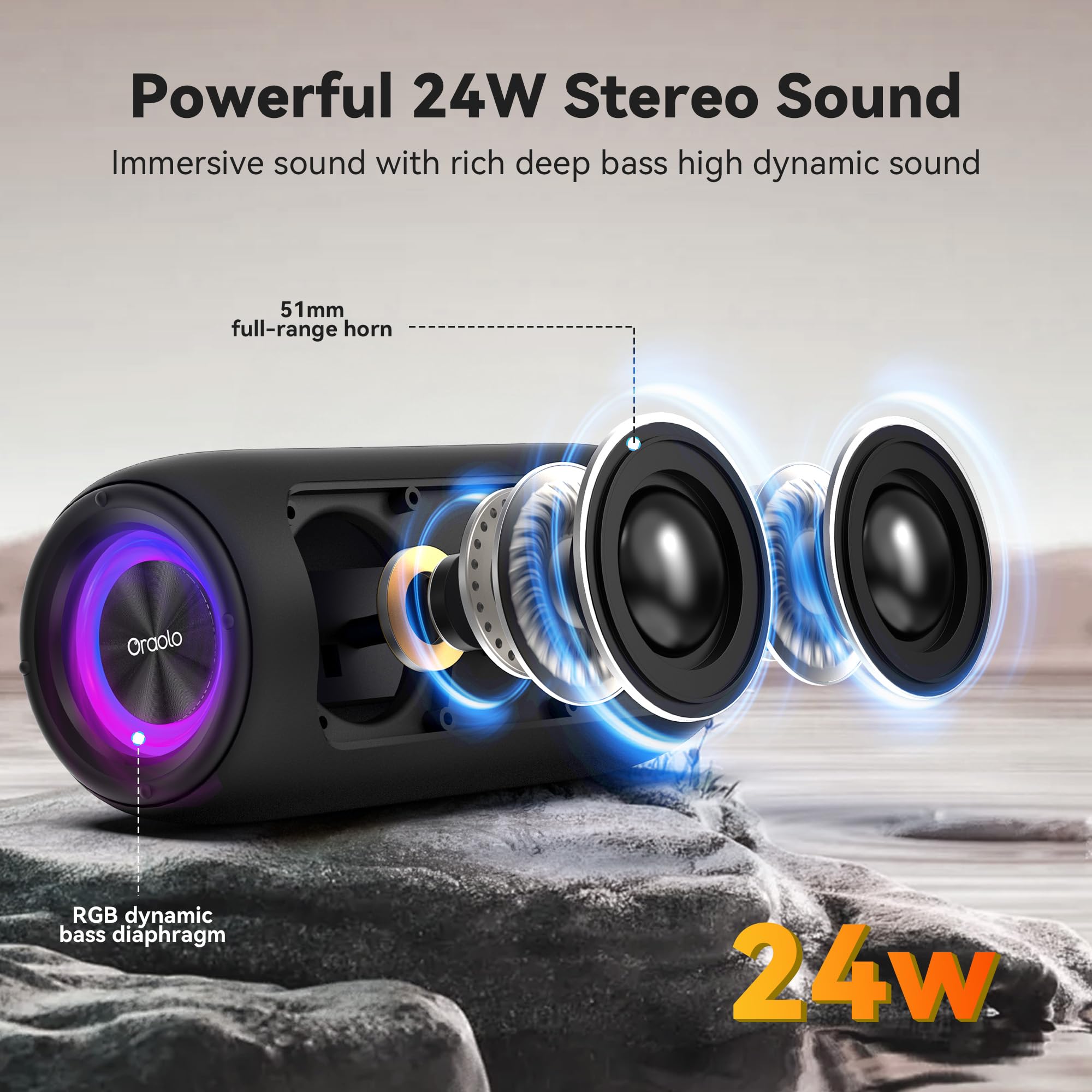 Oraolo Portable Bluetooth Speaker, Wireless Speaker with 24W Loud Stereo Sound, TWS Pairing, RGB Lights, Bluetooth 5.4, Support AUX/TF Card, IPX6 Waterproof Outdoor Speaker for Camping Home Party - 2