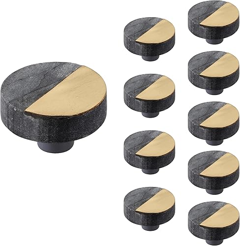 Mascot Hardware Stamford - Paquete de 10 perillas redondas de mármol con placa de latón de 1-12 pulgadas, pomos redondos de mármol gris, pomos de