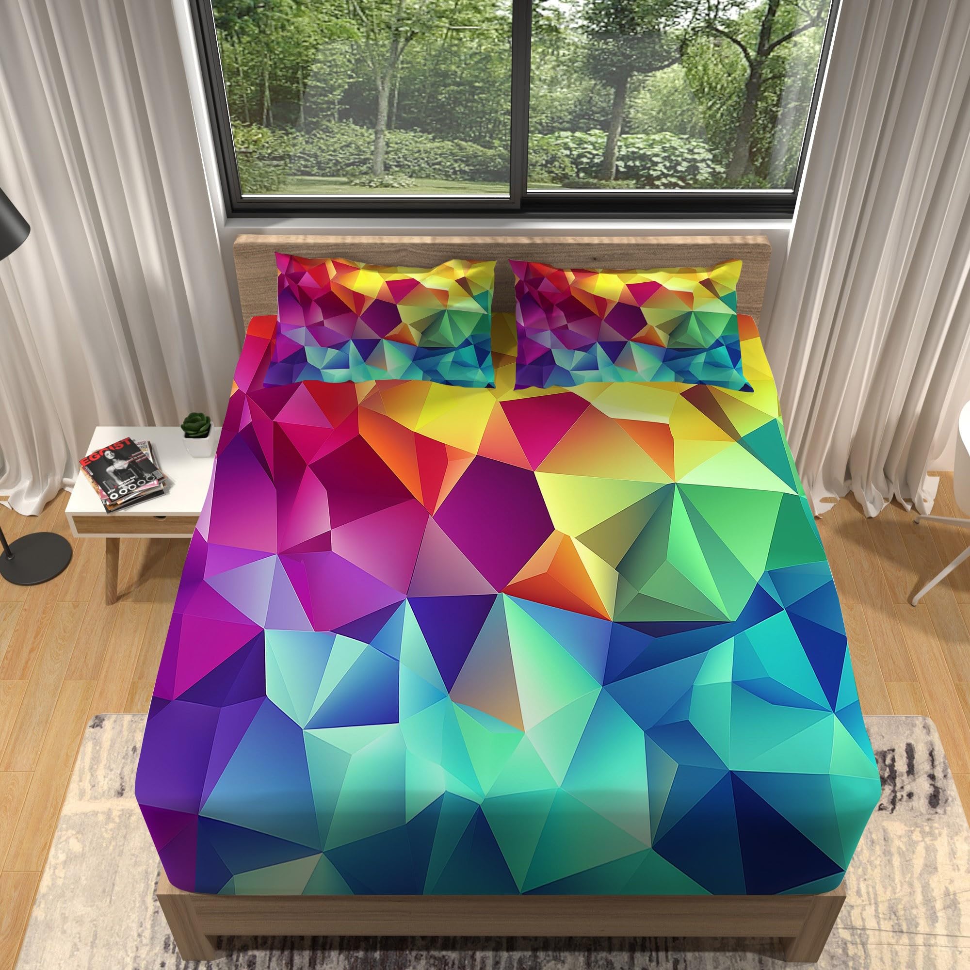 Fitted Sheets Geometric Polygons Printed Fitted Sheet Colorful Bedding Double Fitted Sheet Deep Pocket 30cm, Soft Microfibre Fabric Elasticity Wrinkle Resistant Bedding Sheets