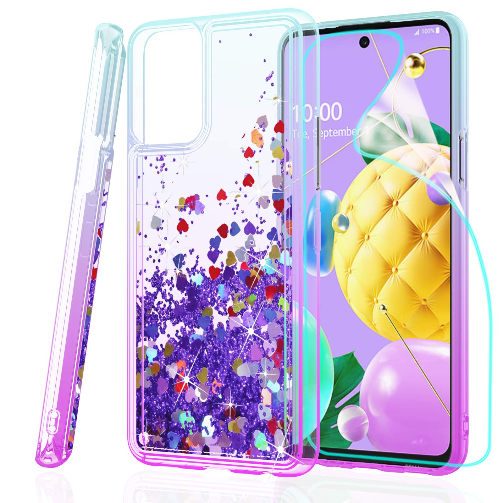 ZingCon Compatible for LG K52 Case,K42,K53,K62,Q52 Phone Case,Glitter Bling Quicksand Adorable Shine Case,[HD Screen Protector] Shockproof Hybrid Hard PC Soft TPU Protective Cover-Lake/Purple