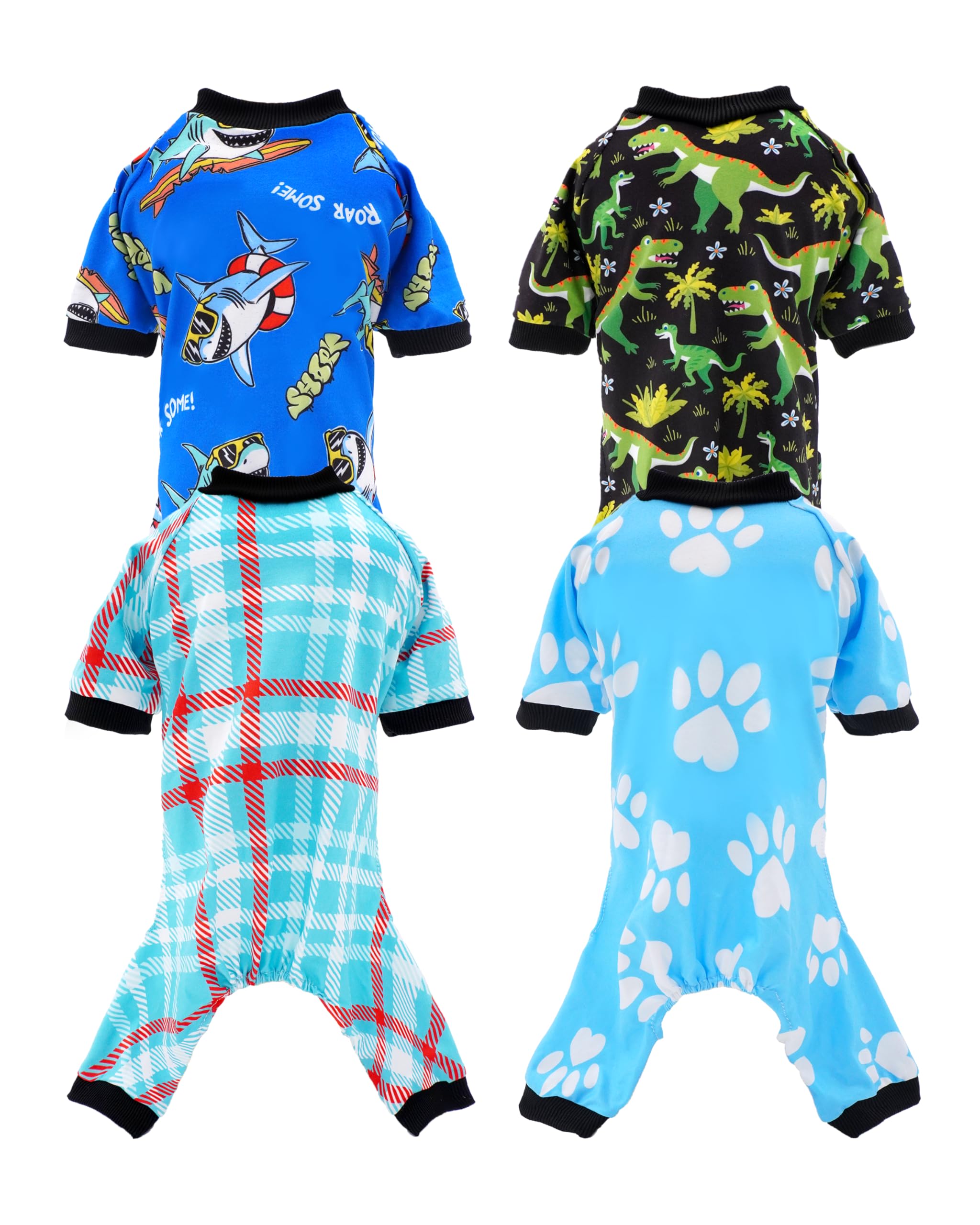 PET SHOW 4 Pack Dog Pajamas Dinosaur Shark for Extra Large Dogs Boy Soft Stretchy PJs Plaid Jumpsuit Dog Paw Onesies Outfits with Sleeve Pets
