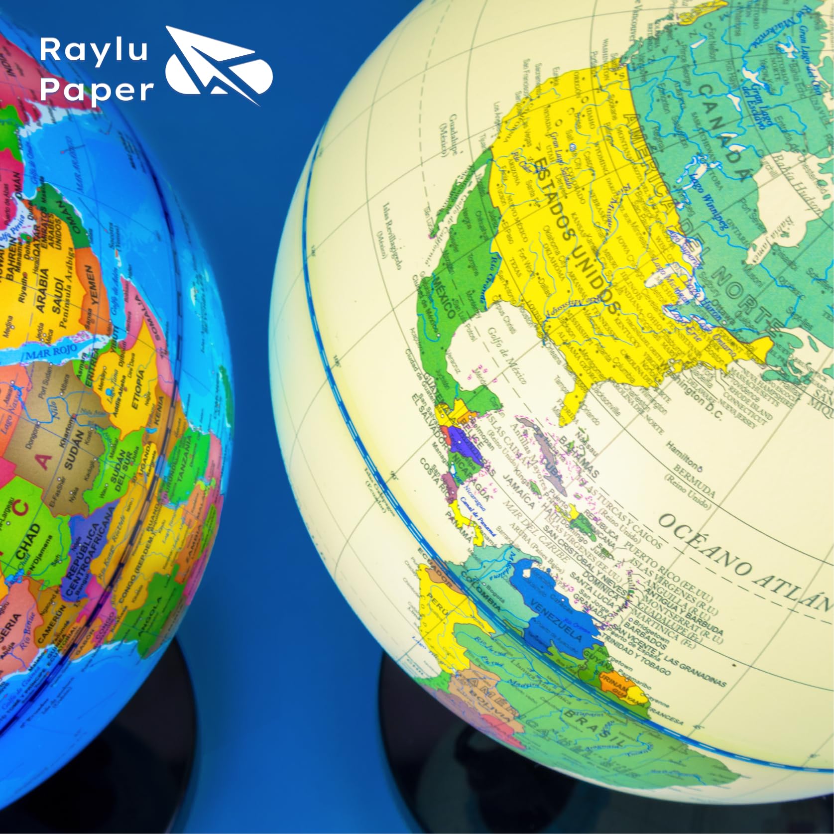 Raylu Paper Globo Terráqueo Azul de 20cm con Luz y Cable USB, Bola del Mundo Iluminada Giratoria en Español con Cartografía y Meridiano, Esfera del Mundo para Aprendizaje y Decorativo (Azul, 20cm)