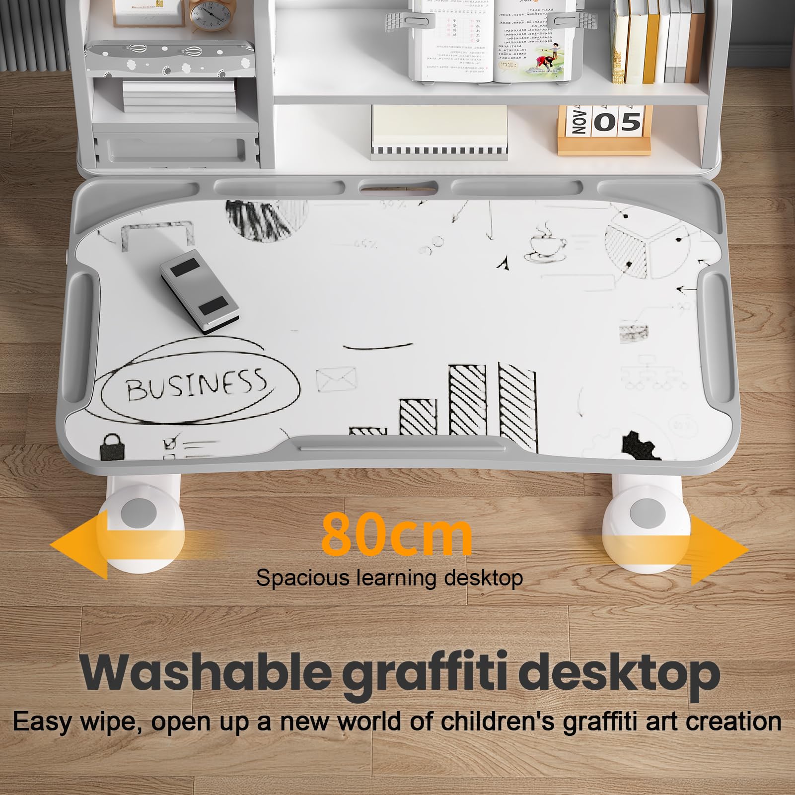 Kids Desk and Chair Set, Height Adjustable Study Desk for Kids Ages 3–12, Easy-Turn Crank Ergonomic Desk with 50° Tiltable Desktop, Storage Drawer & Bookshelf (015-Grey)