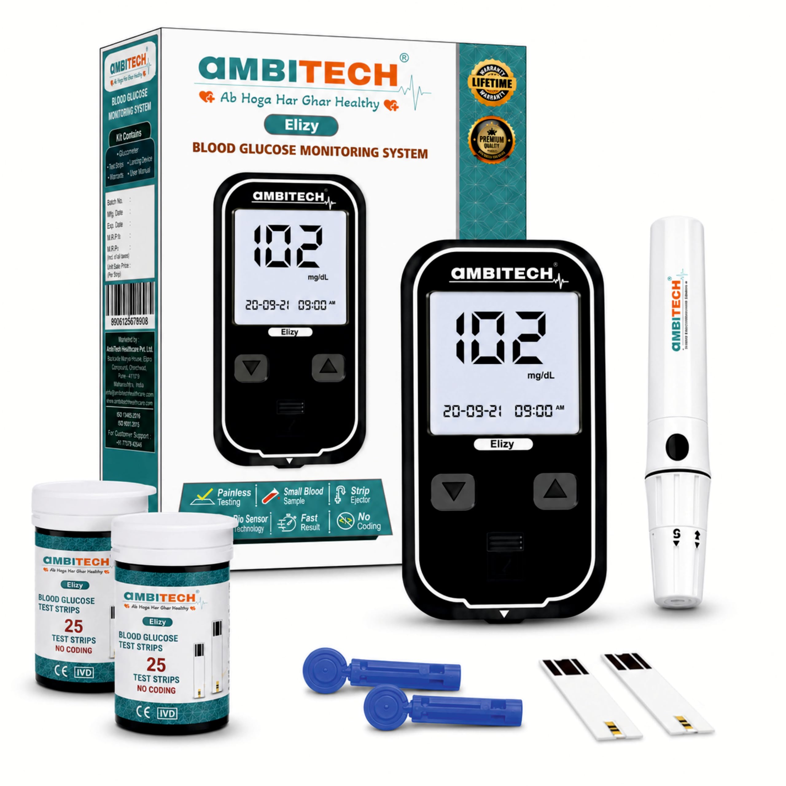 AMBITECH-CONTOUR AmbiTech Elizy blood glucometer and 25 strips with 25 lancets (Made in India) (Life time warranty)-image-2