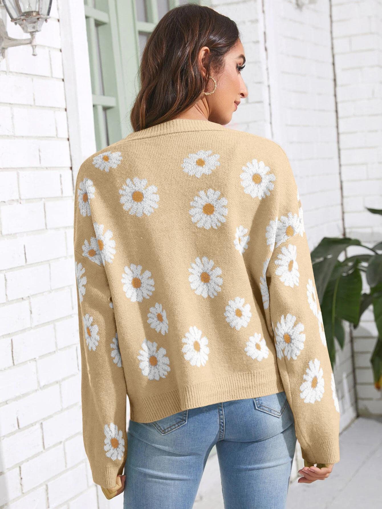 Women's Floral Print Cardigan Long Sleeve Open Front Button Down V Neck Knitted Sweaters