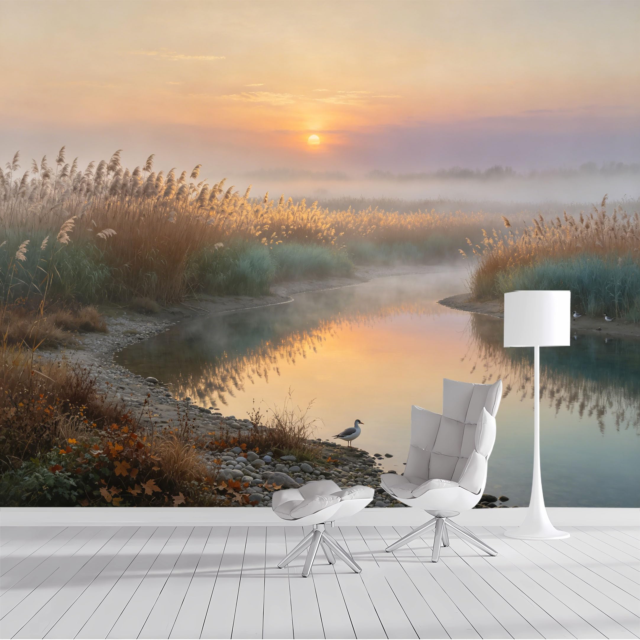 Custom Size Wall Mural Misty River Sunset Reeds Coastal Landscape Serene Waterfowl Scene SelfAdhesive Wall Fabric Removable Peel and Stick Wallpaper for Living Room Bedroom Bathroom
