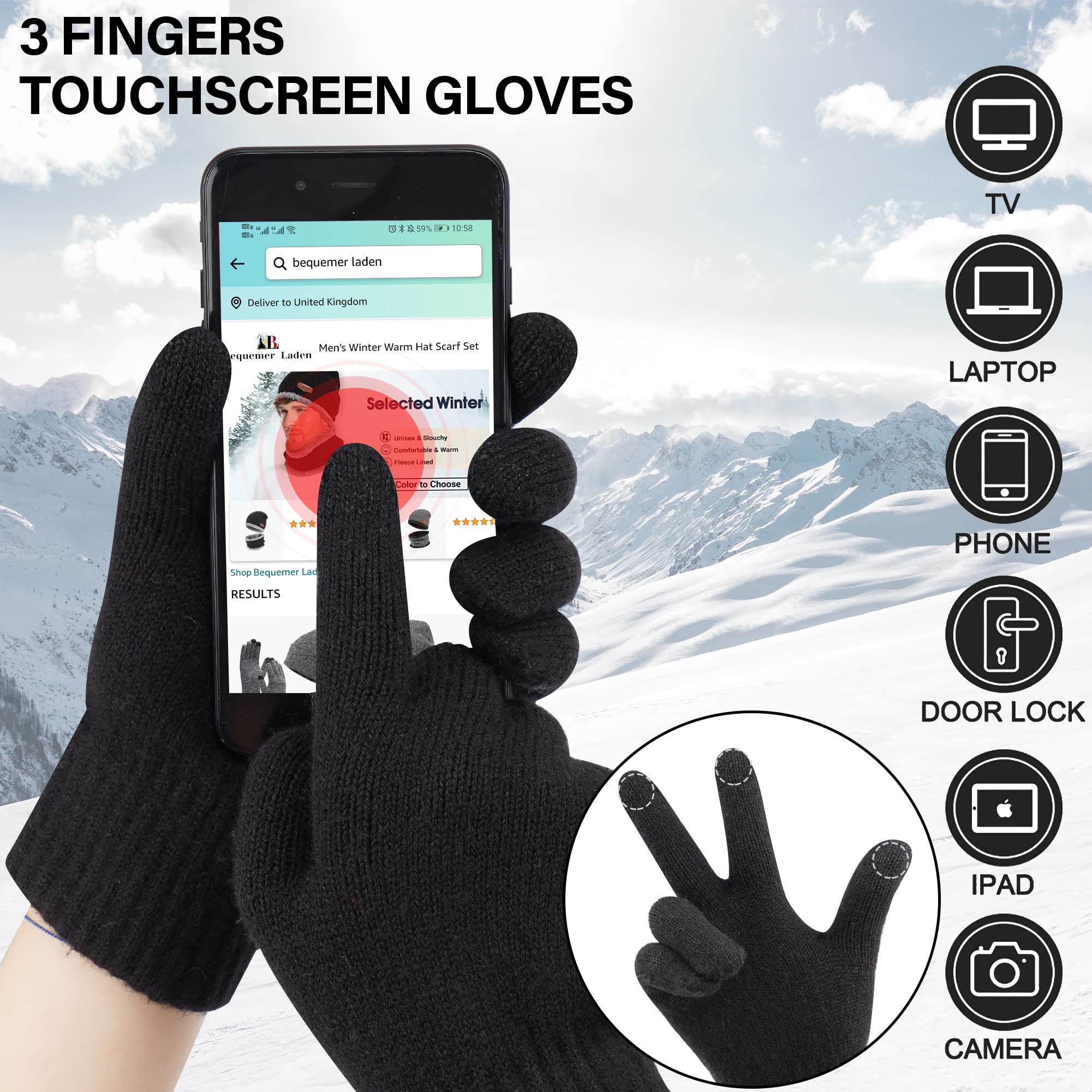 Herren Damen Winter Warm Beanie Mütze Lang Schal Touchscreen Handschuhe Set, Gerippte Strickmütze Wintermütze Schals Winterhandschuhe Geschenk Männer Weihnachten