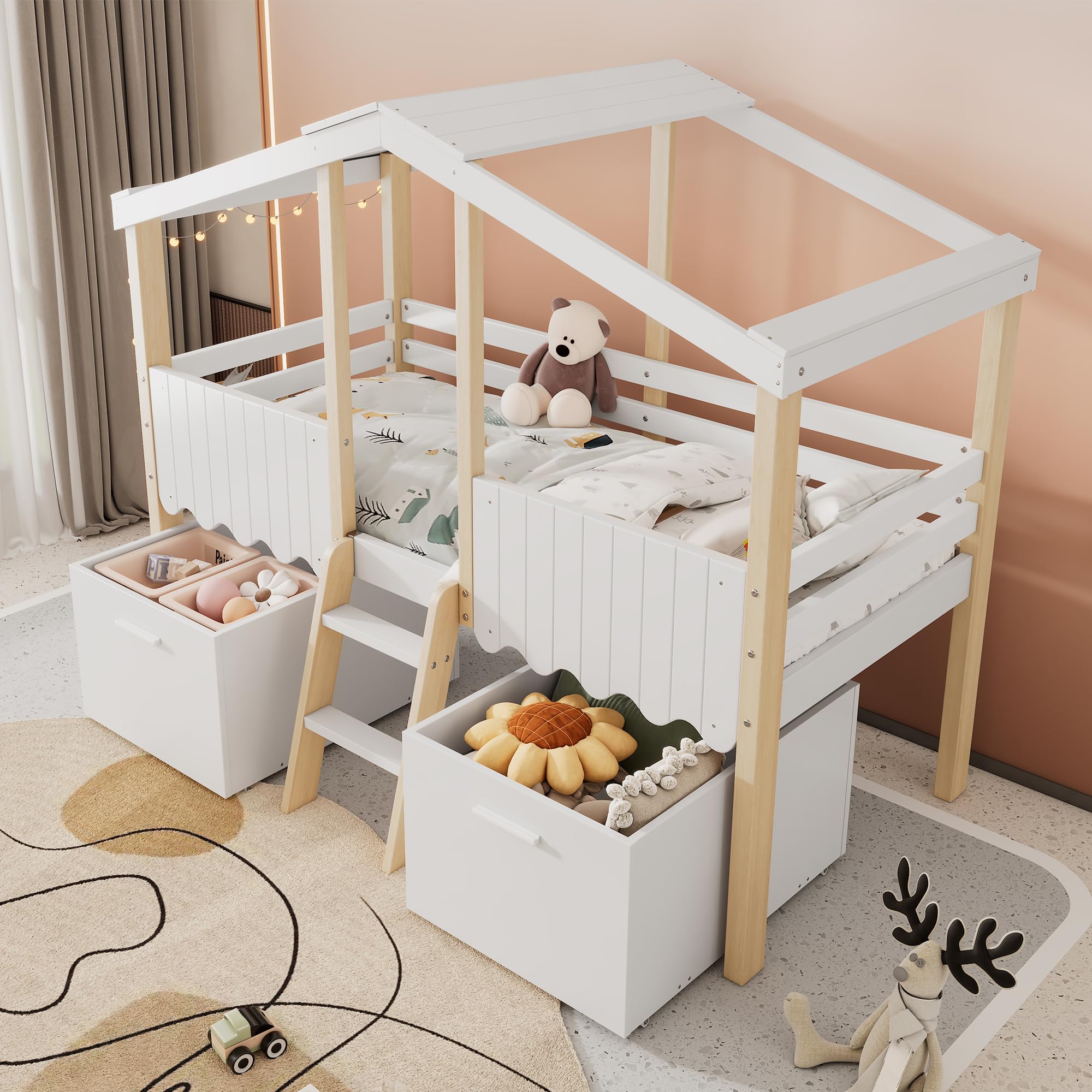 Jovify Wooden House Bed with 2 Large Drawers and Slatted Frame, Solid Pine Wood Cabin Bed Frame, 3ft Single Tree House Canopy Beds Children's Storage Beds With Ladder and Guard Rail, 190x90 cm, White