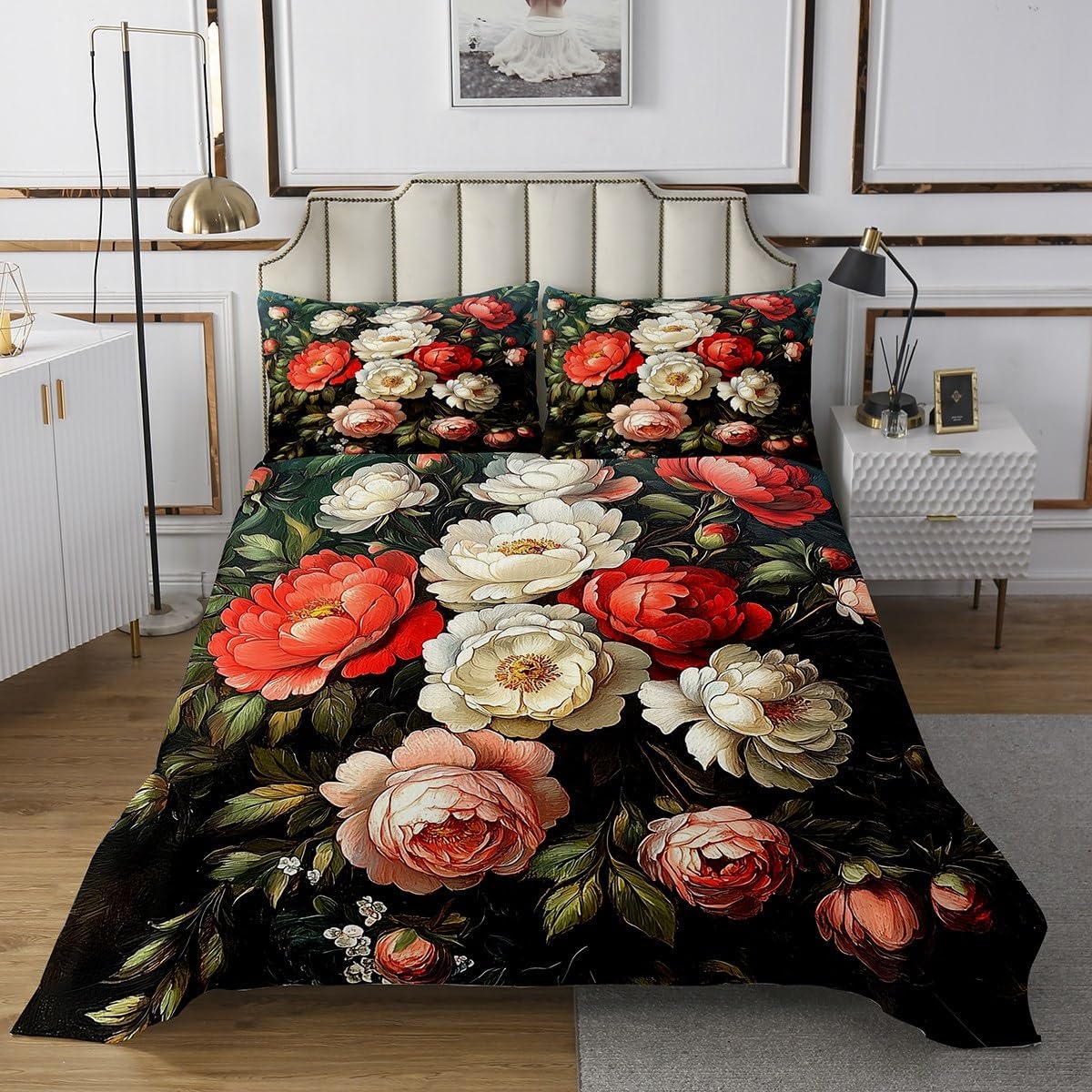 Erosebridal Bee Flowers Coverlet Set King Size Vintage 3D Bedspread for Adults Women Girls Hand Drawn Dark College Wildlife Quilted Coverlet Rustic Botanical Mysterious Nature Quilted