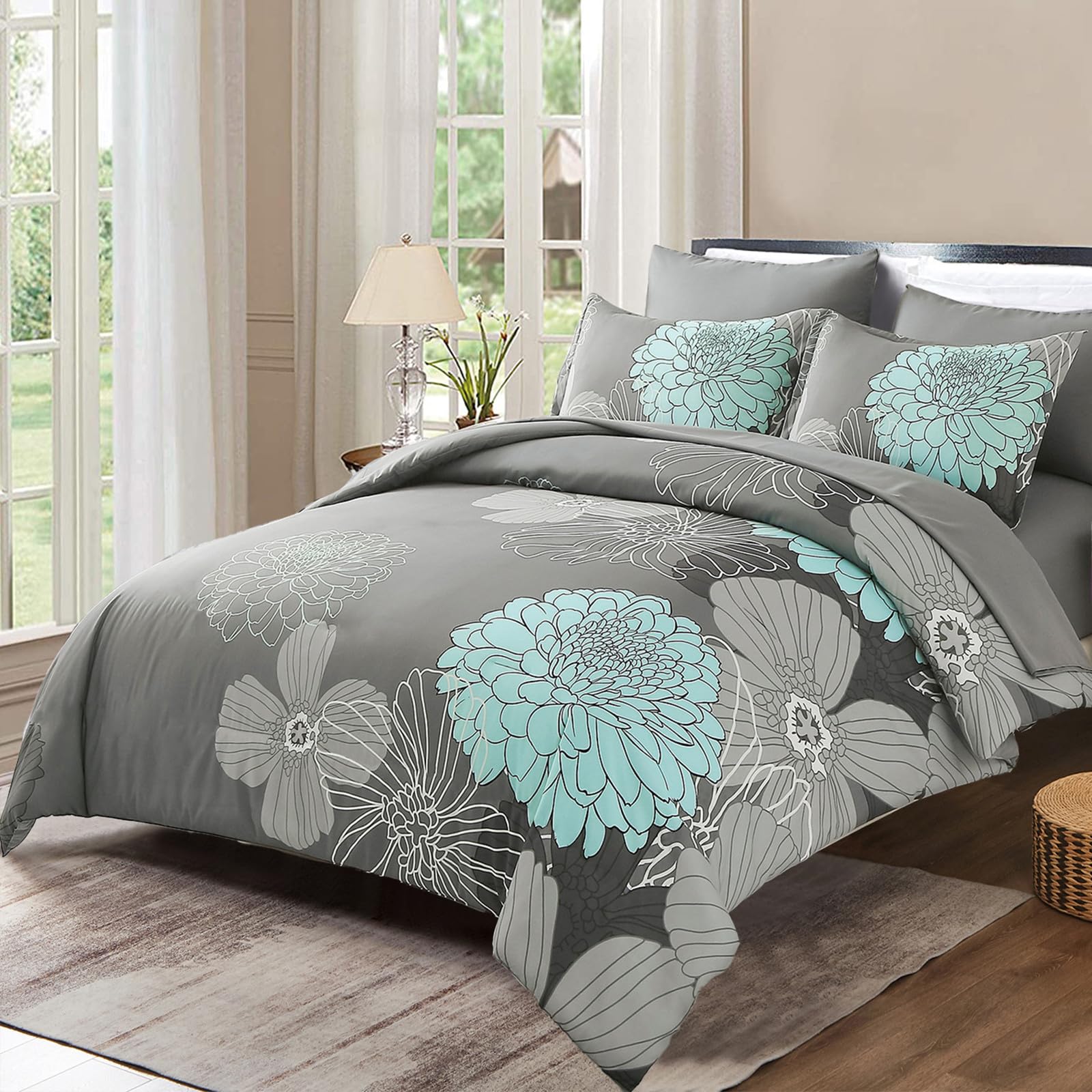 3 Pieces Floral Duvet Cover Double Flowers Bedding Set Soft Microfiber Boho Duvet Cover Sets with 2 Pillowcases and Zipper Closure 200x200 cm