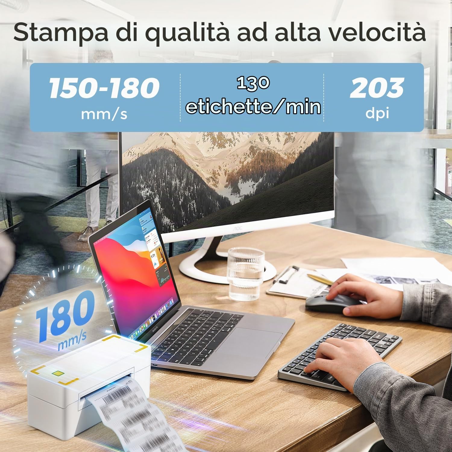 Bonvoisin Stampante termica per etichette, 4x6, stampante termica portatile USB e Bluetooth a doppio uso per ufficio, 150-180 mm/s, compatibile con Android e IOS (EU)