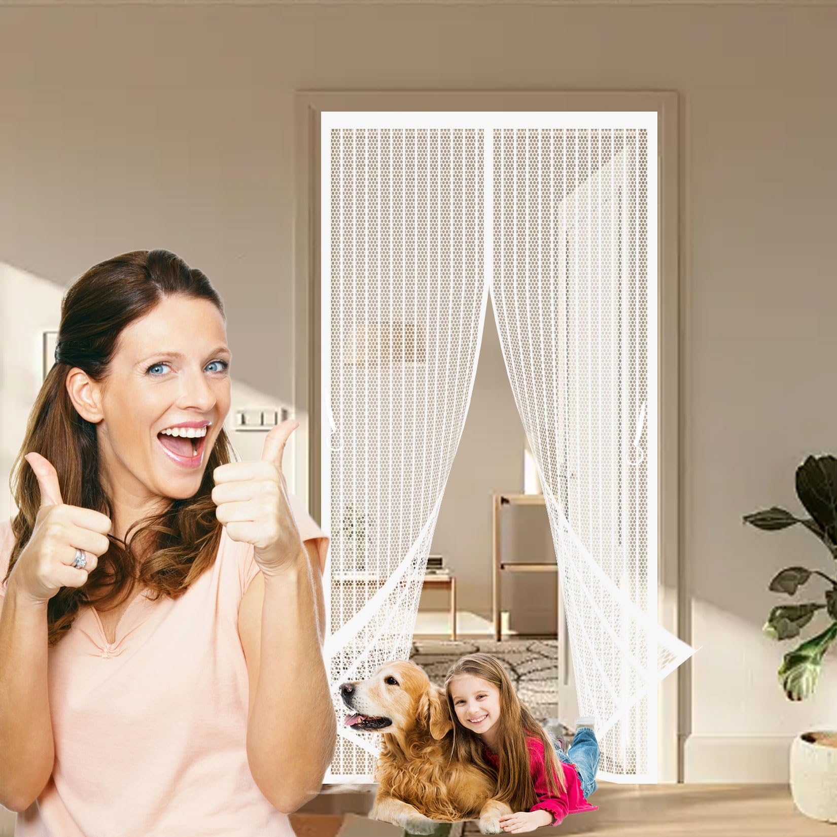 Mosquito Door Screen 116 x 235 cm Powerful Magnets, Self-Sealing, Polyester Door Screen, Nets Patio Curtain Heavy Duty, Lets Fresh Air Pet and Kid Friendly, White