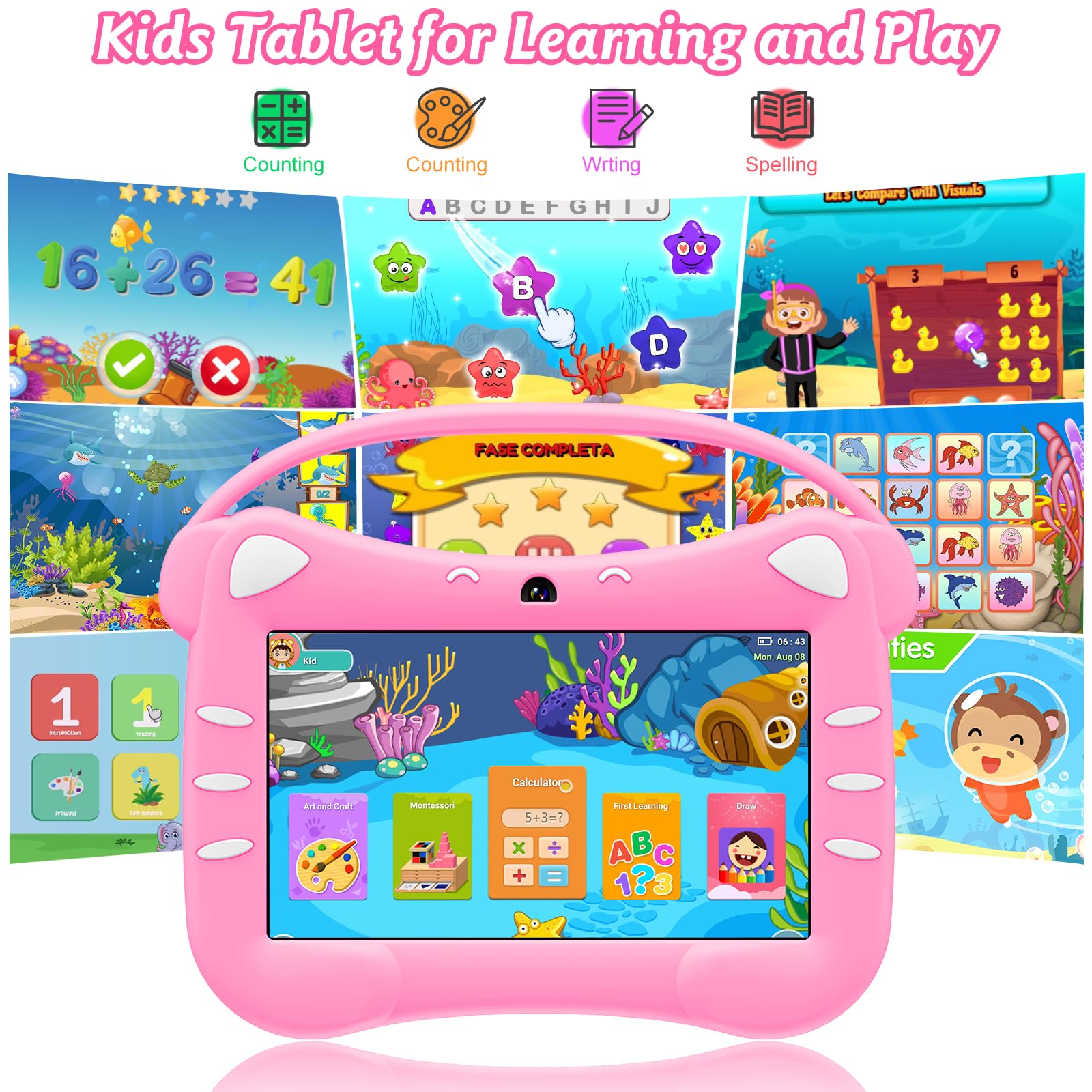 Tablet para Niños 7 Pulgadas Android Tableta Infantil con WiFi Bluetooth Doble Cámara Control Parental 32GB ROM Tablet Niños con Estuche Protector (Magenta)