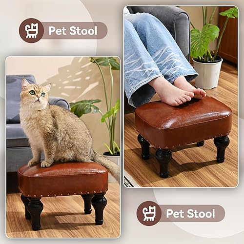 Miniatura 8 de Reposapiés otomano de cuero, taburetes rústicos, reposapiés de madera, reposapiés rectangular pequeño otomano para dormitorio, sala de estar,