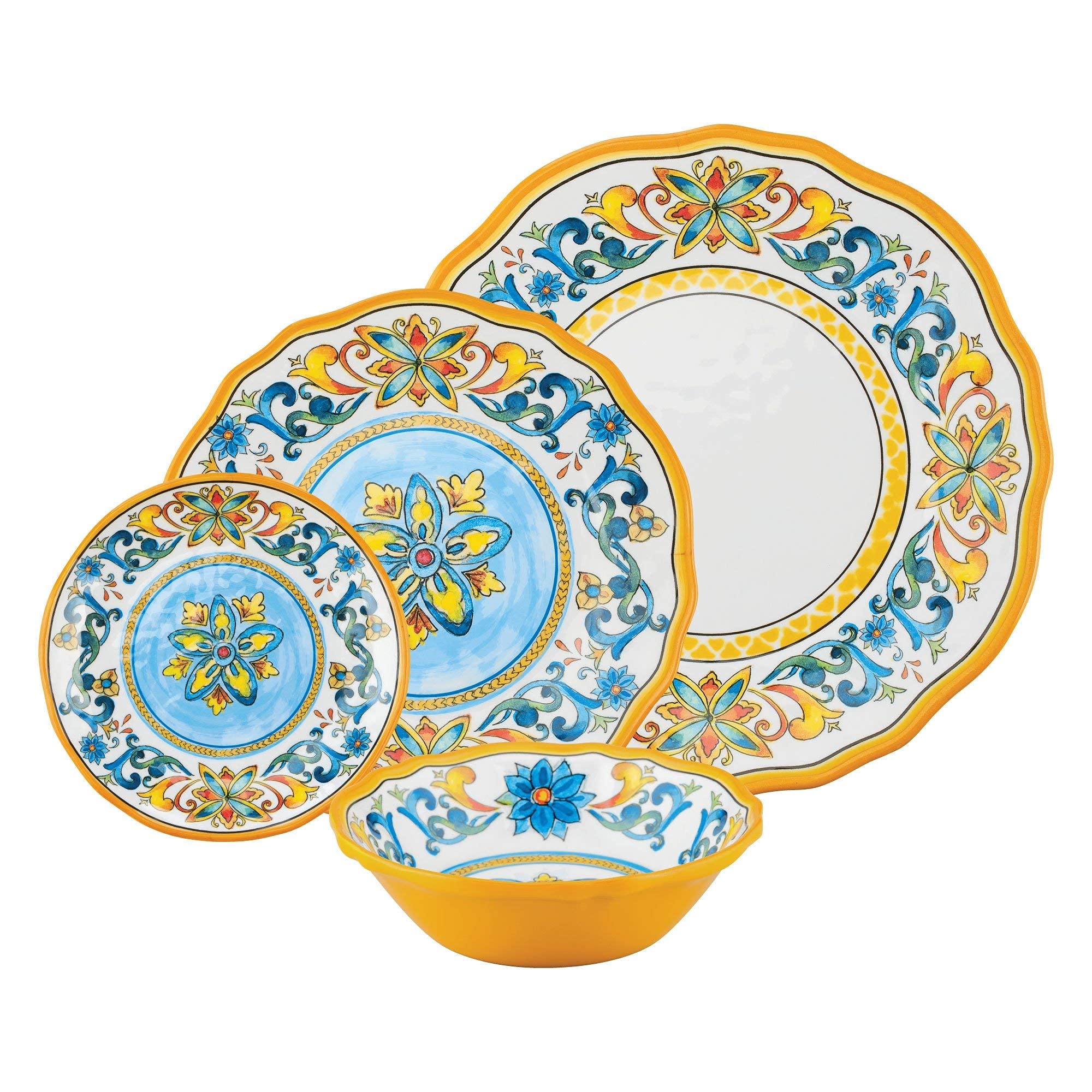 UP ware Chianti - Juego de vajilla de melamina de 16 piezas, juego de platos para exteriores, juegos de platos y cuencos, servicio para 4, multicolor
