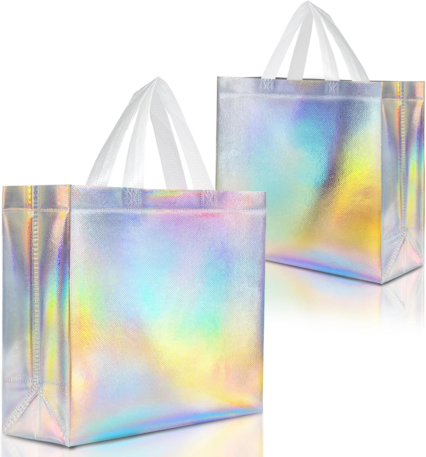 Nush Nush Iridescent Gift Bags Large - Set of 12 Reusable Holographic Large Gift Bags with Handles - Party Favor Bag for Birthdays, Bridesmaids, Weddings, Holidays, Valentines, Events - 13"Wx5"Dx11"H