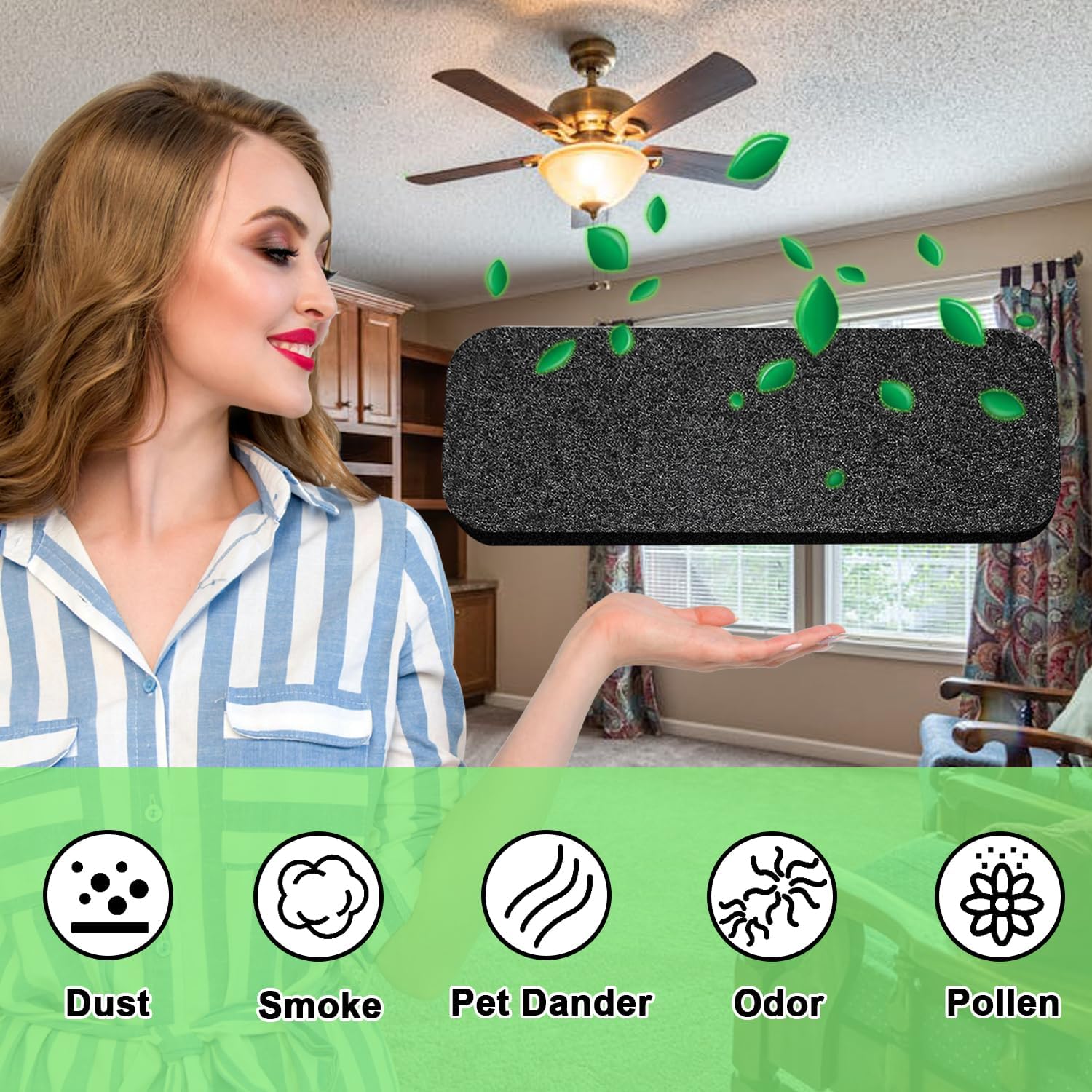 Ceiling Fan Filters Air Purifier Pads with Activated Charcoal 10 Pcs Easy-Stick Ceiling Fan Air Filters Pads Ceiling Fan Blade Purifier Pads for Common Household Contaminants