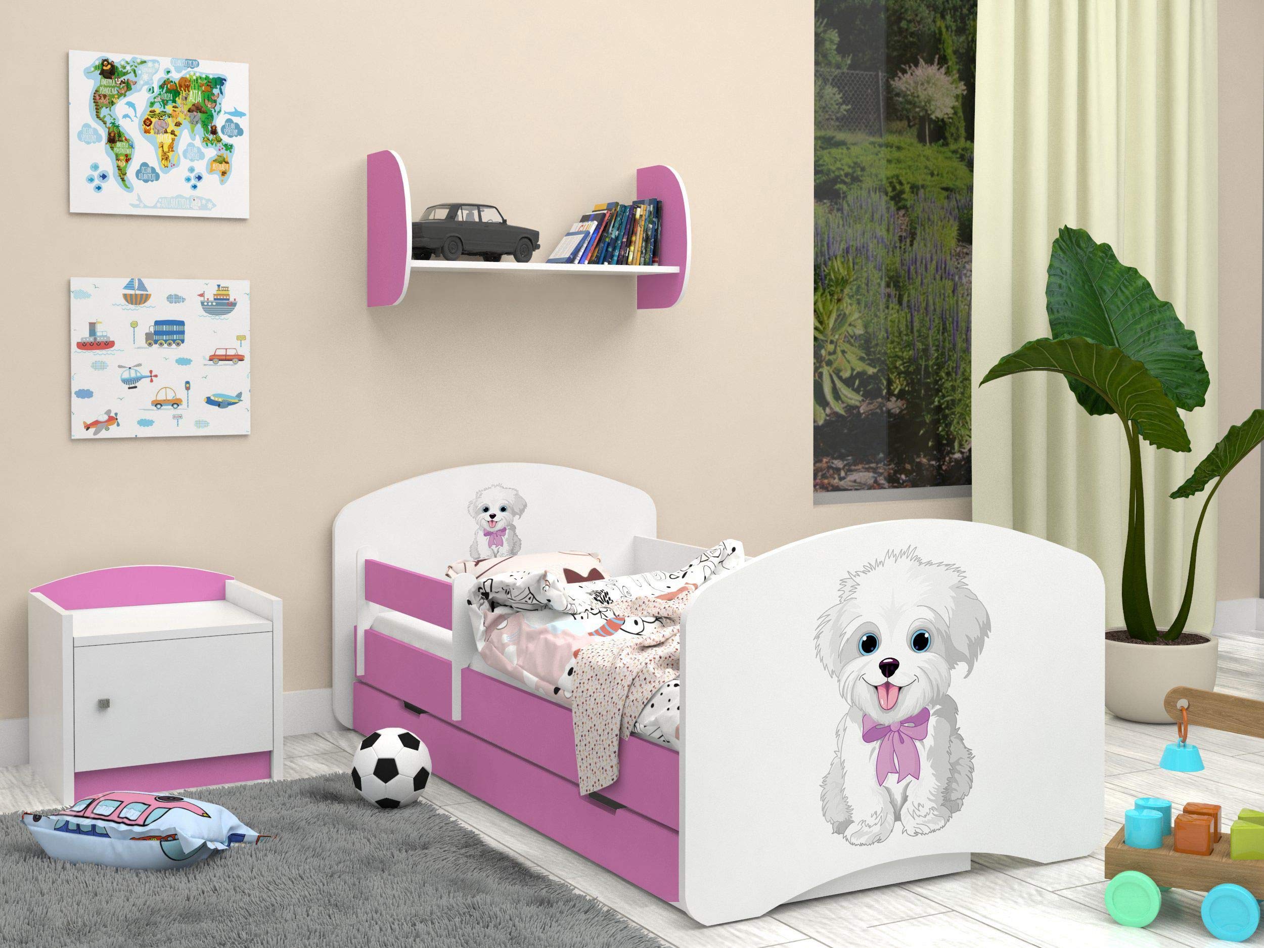 Happy Babies - Dwustronne łóżko dziecięce w kolorze różowym, nowoczesne wzornictwo z bezpiecznymi krawędziami i zabezpieczeniem przed upadkiem materac piankowy 7 cm (19. Pies z łukiem, 160x80)